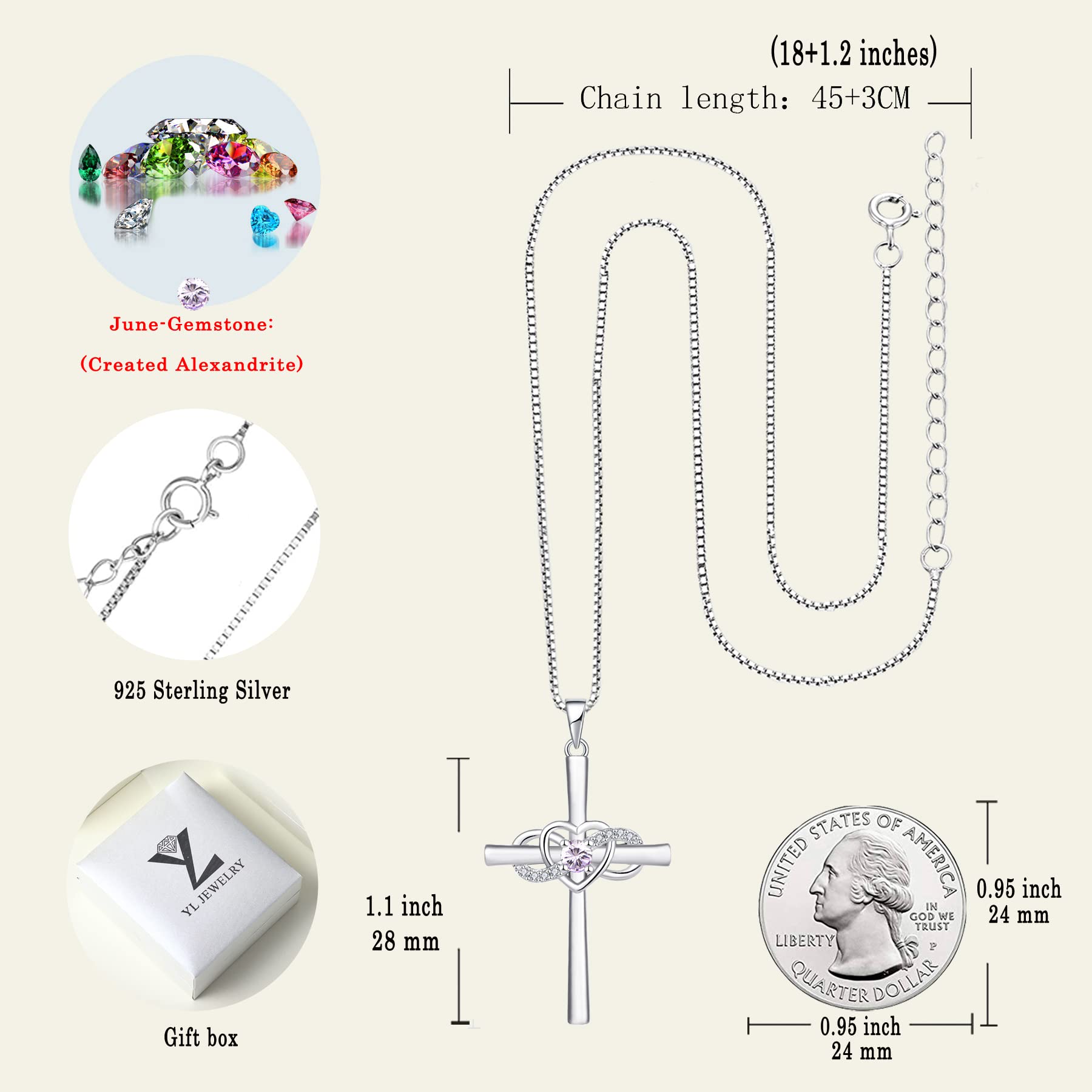 YL Sterling Silver Infinity Heart Cross Necklace with Birthstone Pendant - Elegant Women's Crucifix Jewelry for Everyday Wear, Gifts & Special Occasions