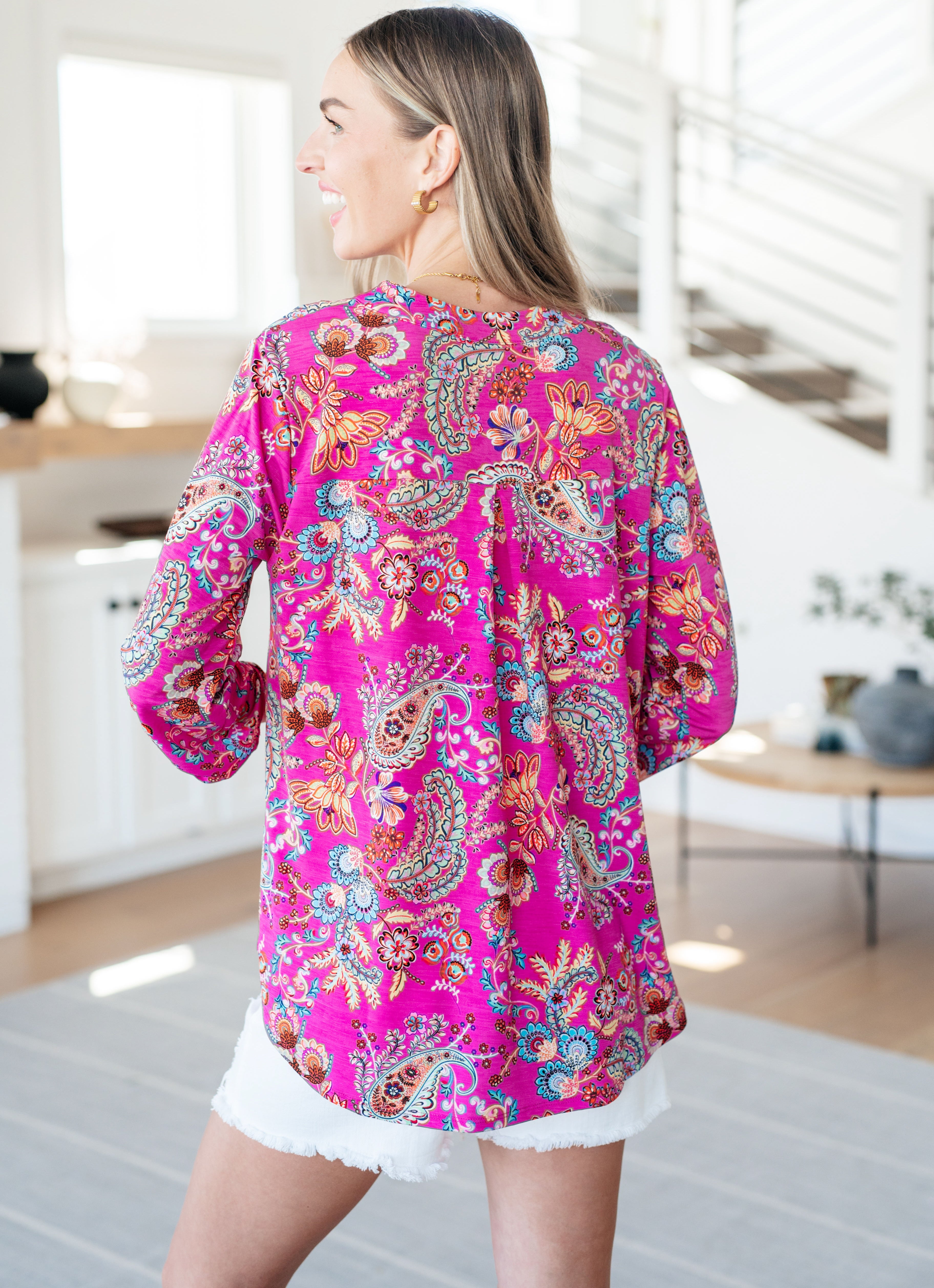 Lizzy Top Women's Blouse in Magenta Floral Paisley Print - Perfect for Summer Outfits, Date Nights & Casual Wear