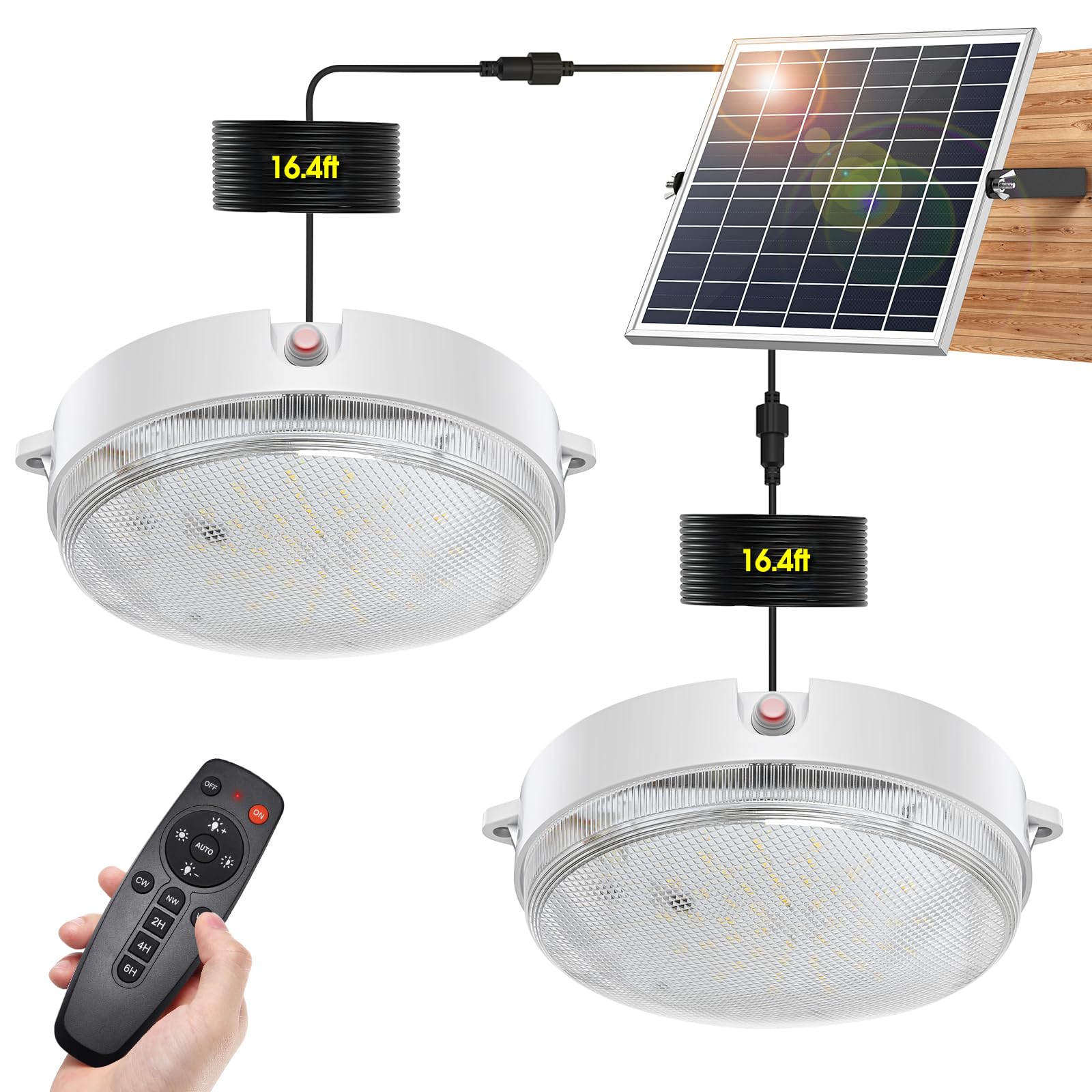 Solar Shed Lights 2 Pack - Waterproof Dimmable LED Ceiling Light with Remote Control & ON/Off Switch | Indoor Outdoor Use for Porch, Garage, Barn, Workshop & Patio | Energy Efficient Tricolor Lighting for Day & Night