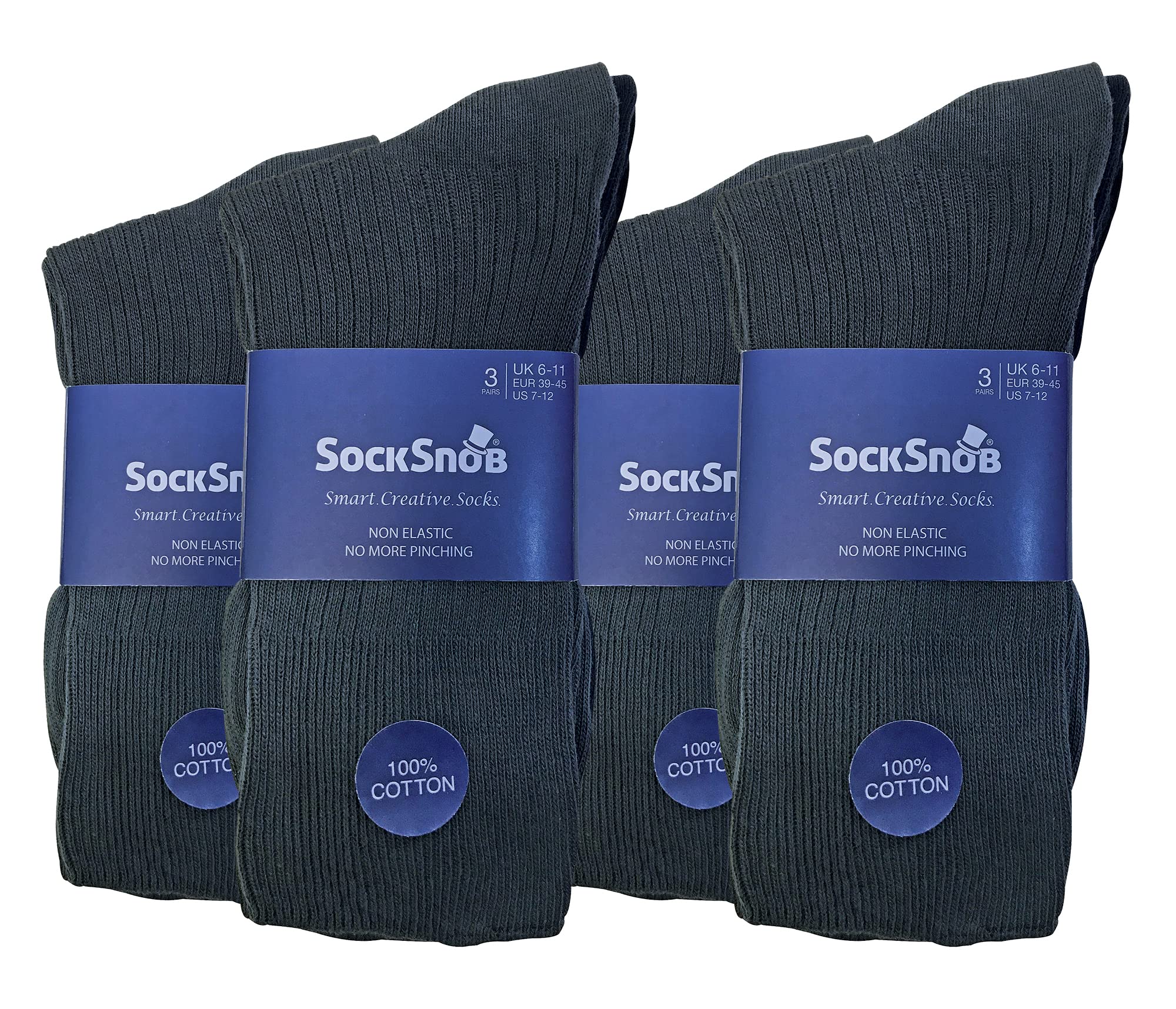 12-Pack Men's Non-Binding 100% Cotton Socks - Loose Wide Top Crew Socks for Comfort & Circulation | Perfect for Diabetics, Swollen Feet & All-Day Wear