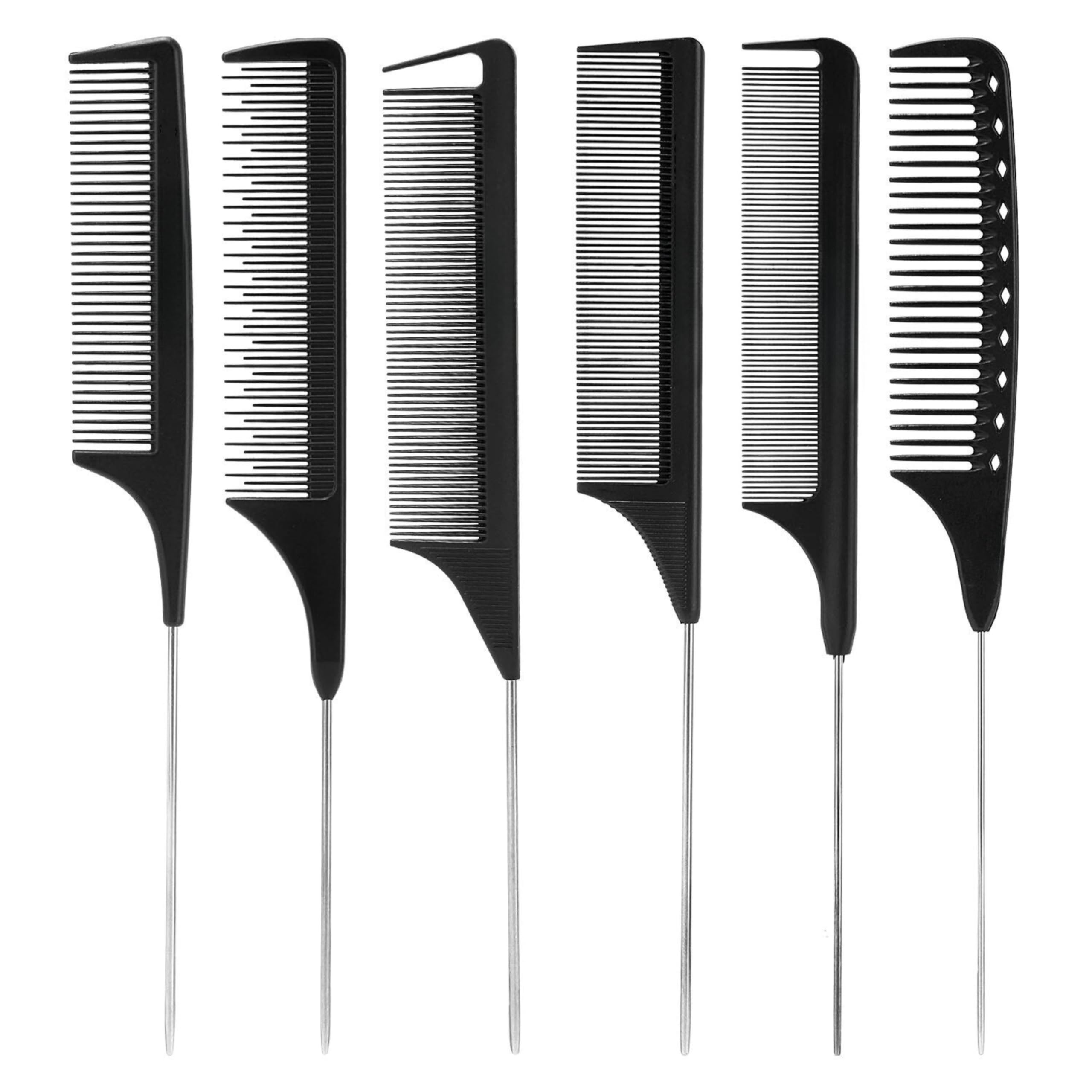 Beauté Secrets 6-Piece Comb Set - Black Carbon Fiber & Stainless Steel Pintail Combs - Heat & Chemical Resistant - Lightweight Rat Tail & Teasing Combs for All Hair Types - Perfect for Styling, Detangling & Salon Use