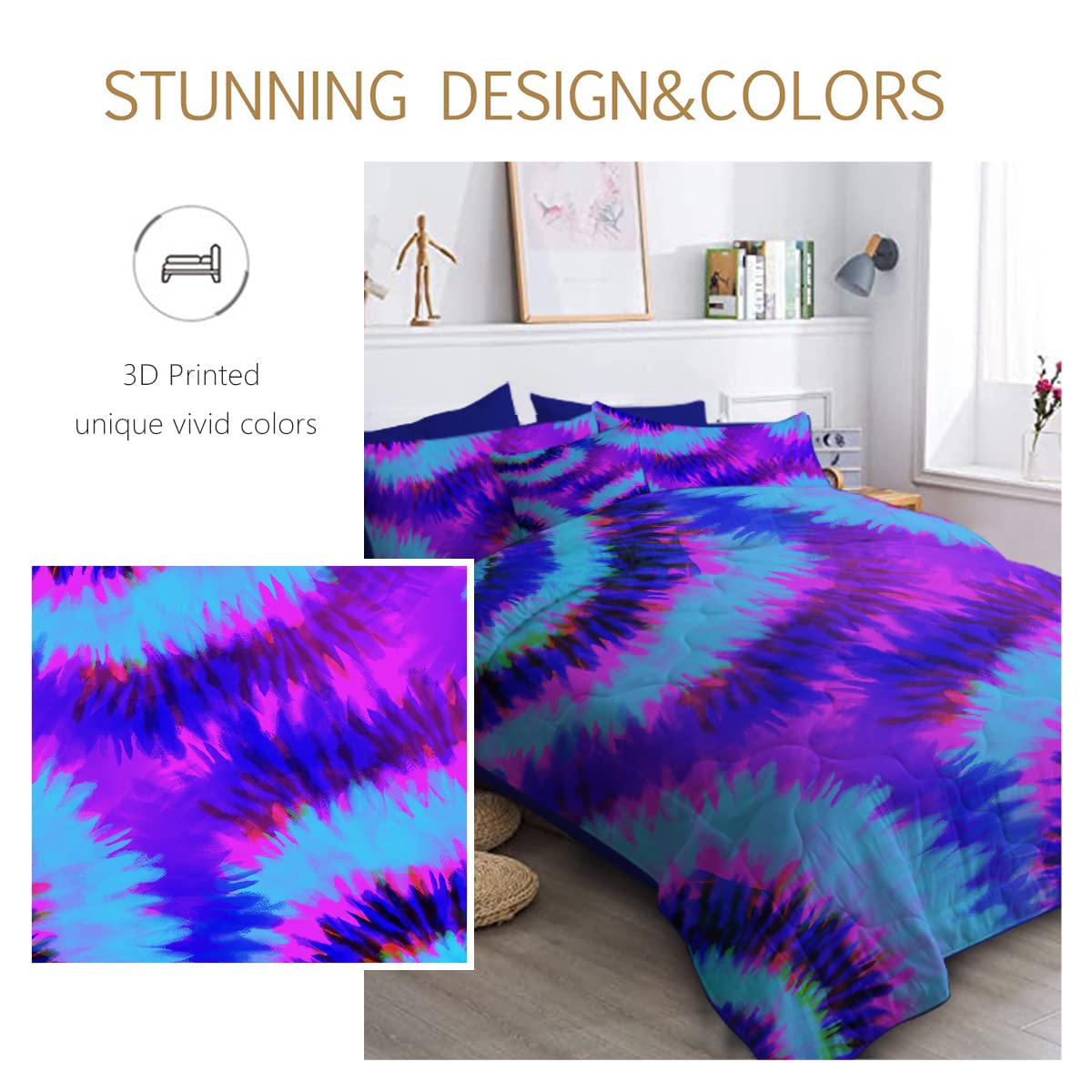 BlessLiving Artsy Tie Dye 8-Piece Queen Comforter Set - Purple Pink Blue Boho Bedding with Comforter, Sheets, Pillowcases, Shams & Cushion Cover | Perfect for Teen Girls' Rooms, Dorm Decor & Bohemian Bedroom Style