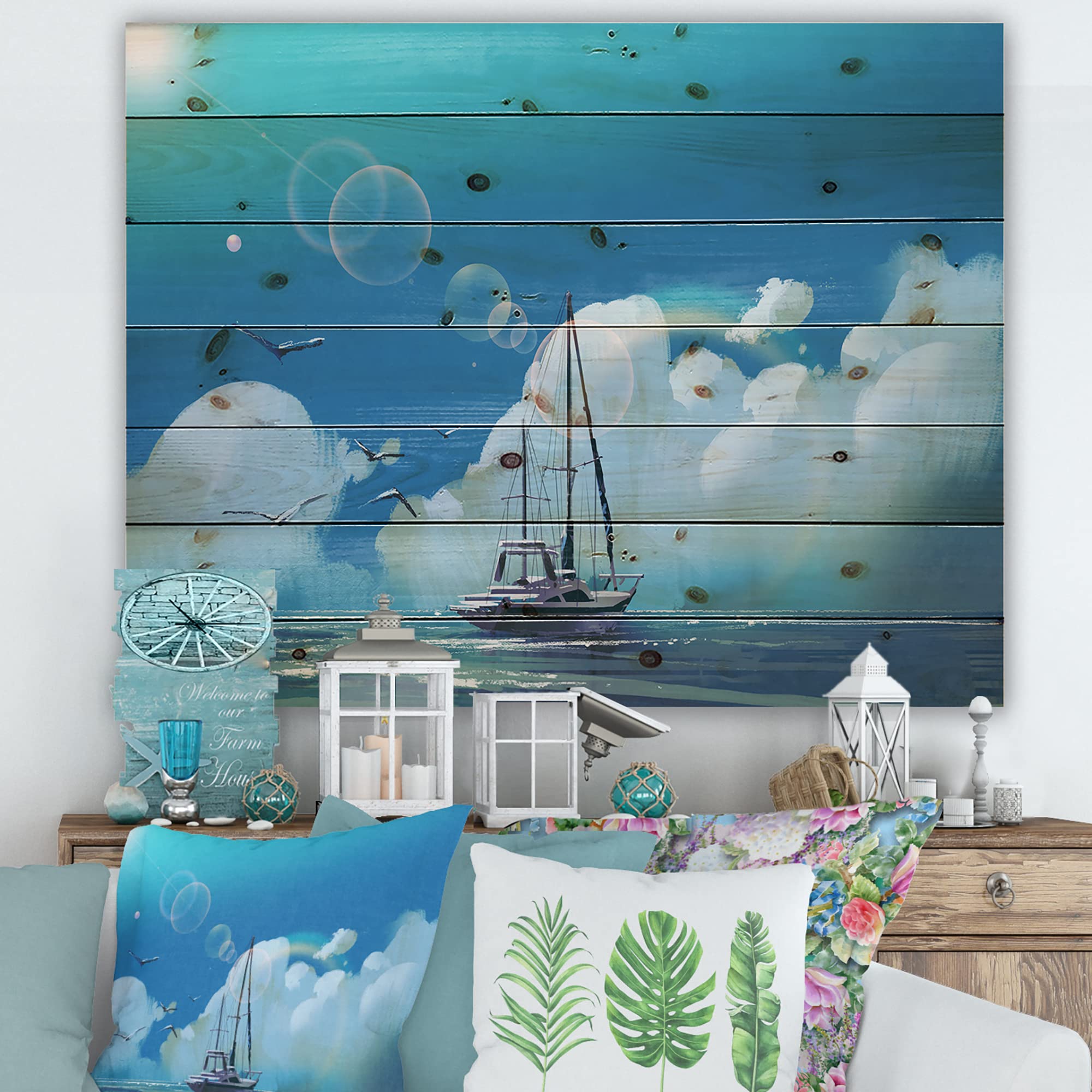 Nautical Sailboat Wood Wall Art - Blue Sea & Summer Sky Coastal Decor, Large Landscape Pine Wood Panel Print for Living Room, Bedroom, or Office