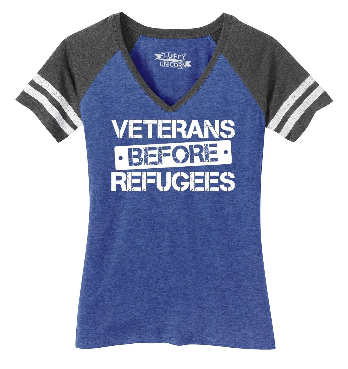 Funny Veterans Before Refugees V-Neck T-Shirt for Women - Patriotic Slogan Tee - Perfect for Political Rallies, Veteran Appreciation Events & Social Justice Discussions