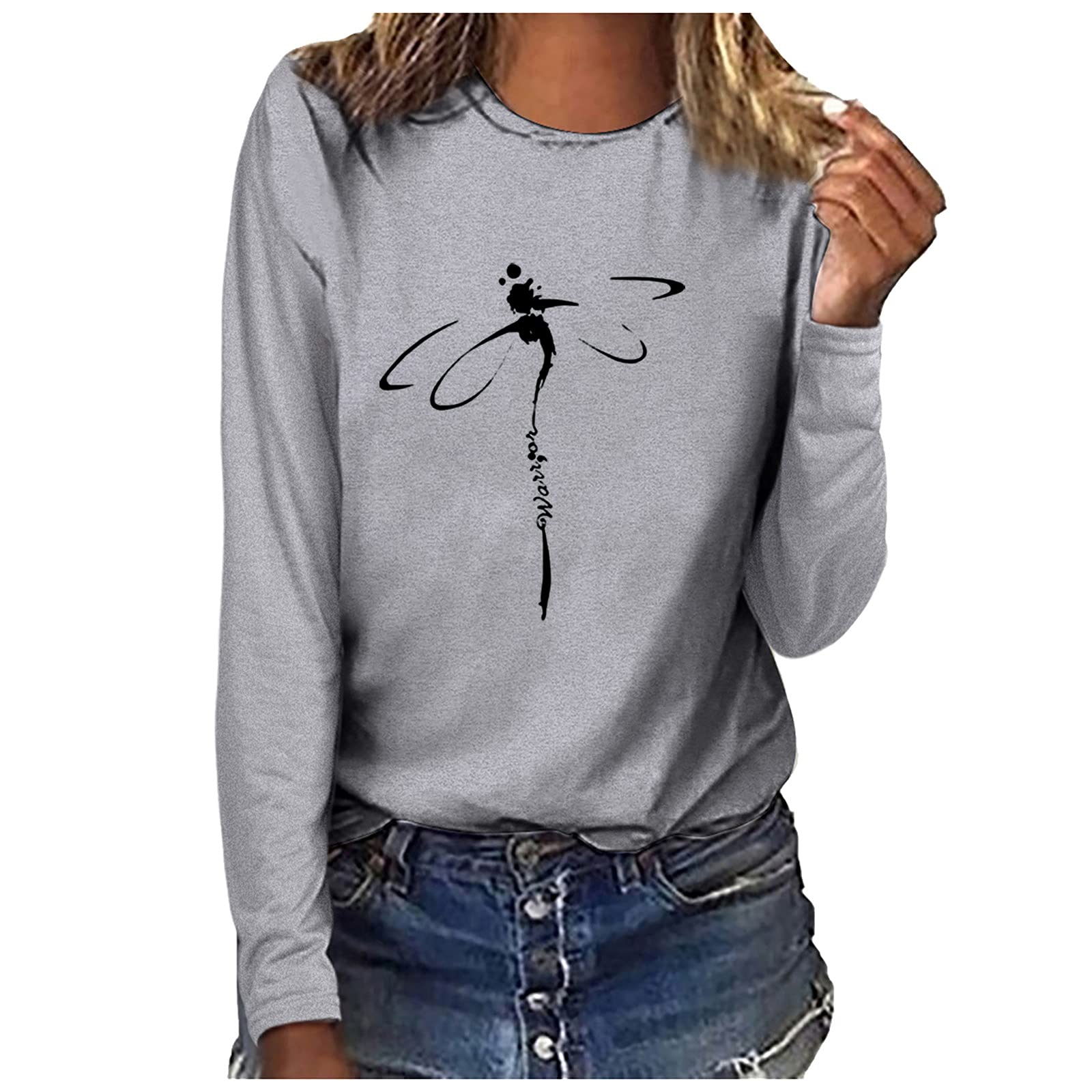 Women's Long & Short Sleeve Dragonfly Print T-Shirts - Basic Round Neck Pullover Blouse for Casual Wear (Office, Weekend, Fall Outfits)