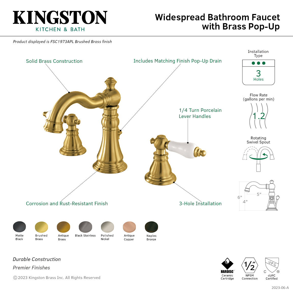American Patriot FSC1973APL Brushed Brass Widespread Bathroom Faucet - 3 Hole Deck Mount with Two Handles & Brass Pop-Up Drain - Perfect for Modern Bathroom Renovations and Luxury Home Upgrades