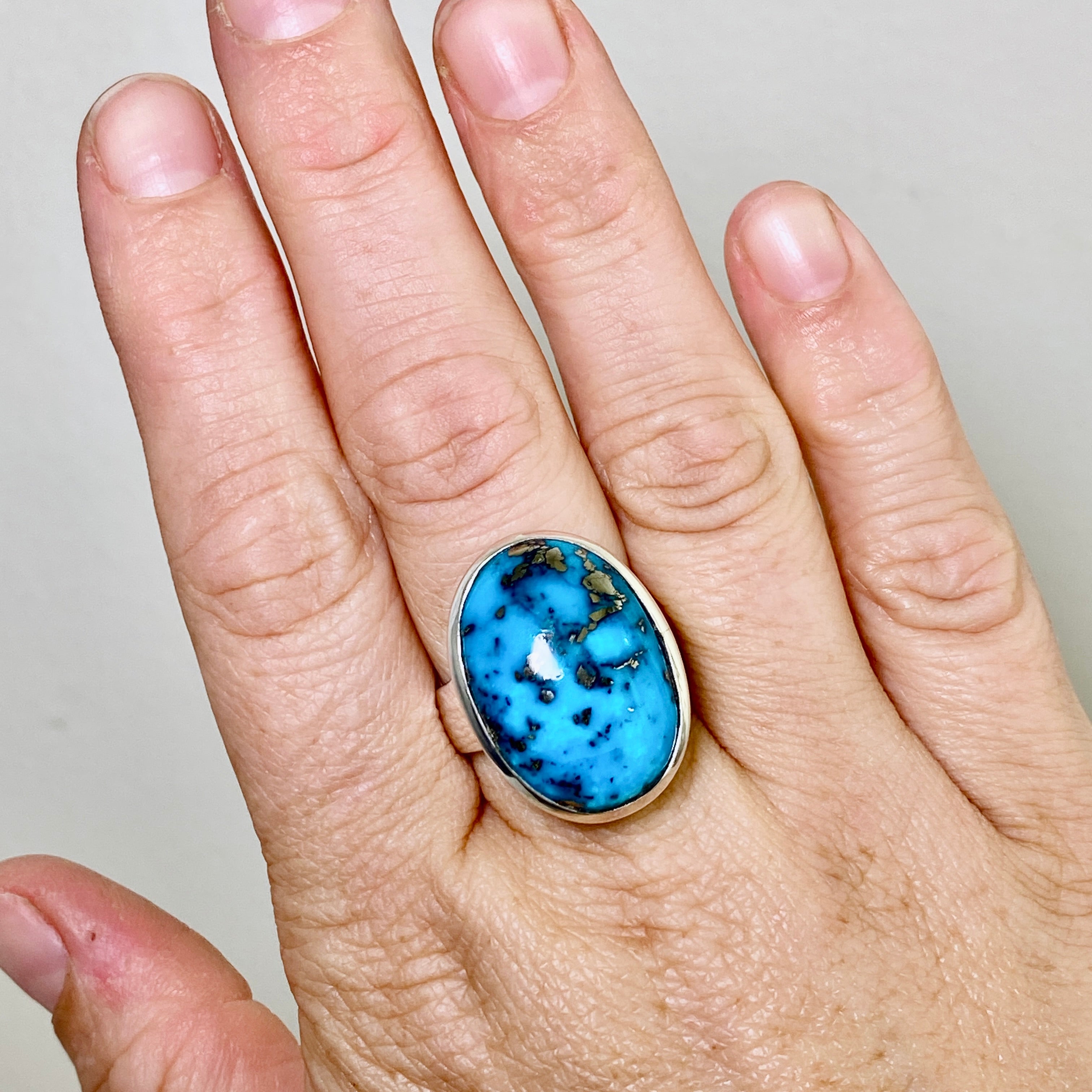 Natural Persian Turquoise with Pyrite Oval Cabochon Ring - Size 10 - Handmade Iranian Gemstone Jewelry for Women - Perfect for Boho, Western & Everyday Fashion