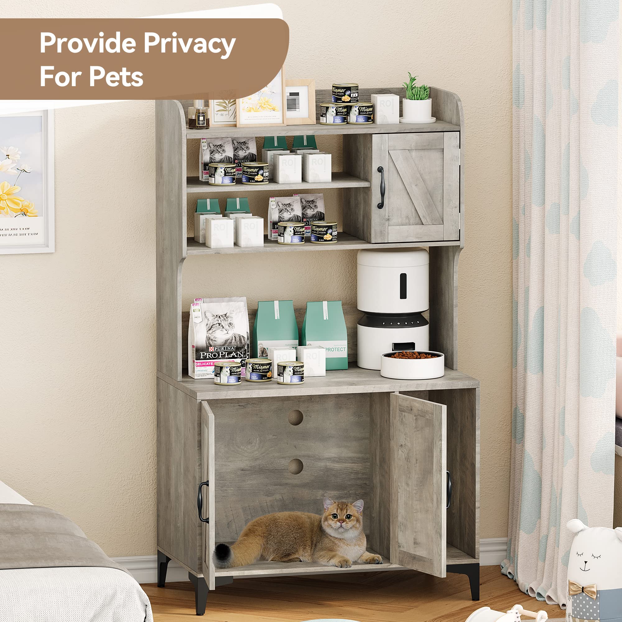 IDEALHOUSE Wooden Cat Litter Box Enclosure with Shelves & Doors - Sturdy Hidden Litter Box Furniture Cabinet for Indoor Cats - Grey | Perfect for Small Spaces & Home Decor