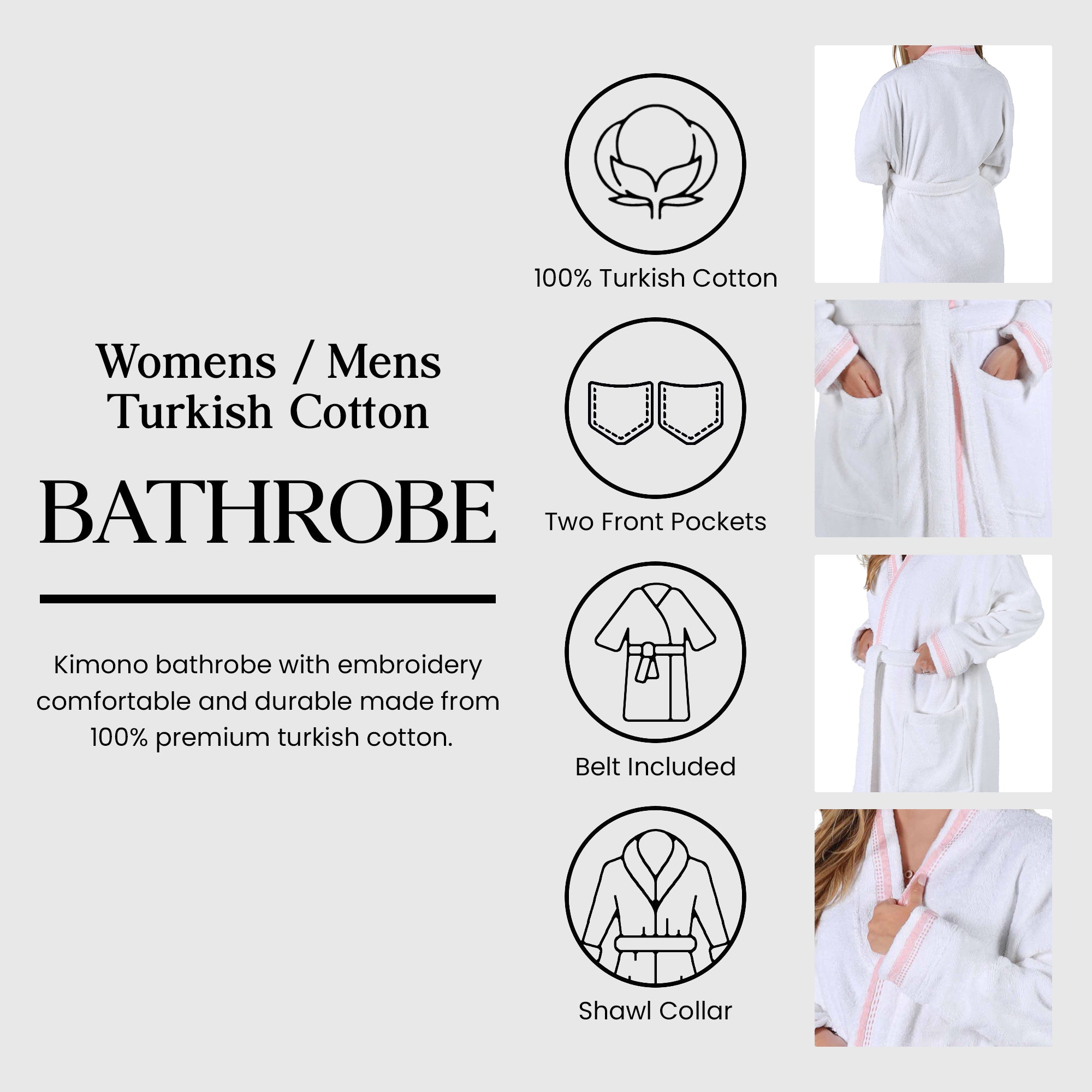 Unisex Cotton Terry Kimono Bathrobe with Embroidery - Soft & Absorbent for Spa, Beach & Home Relaxation