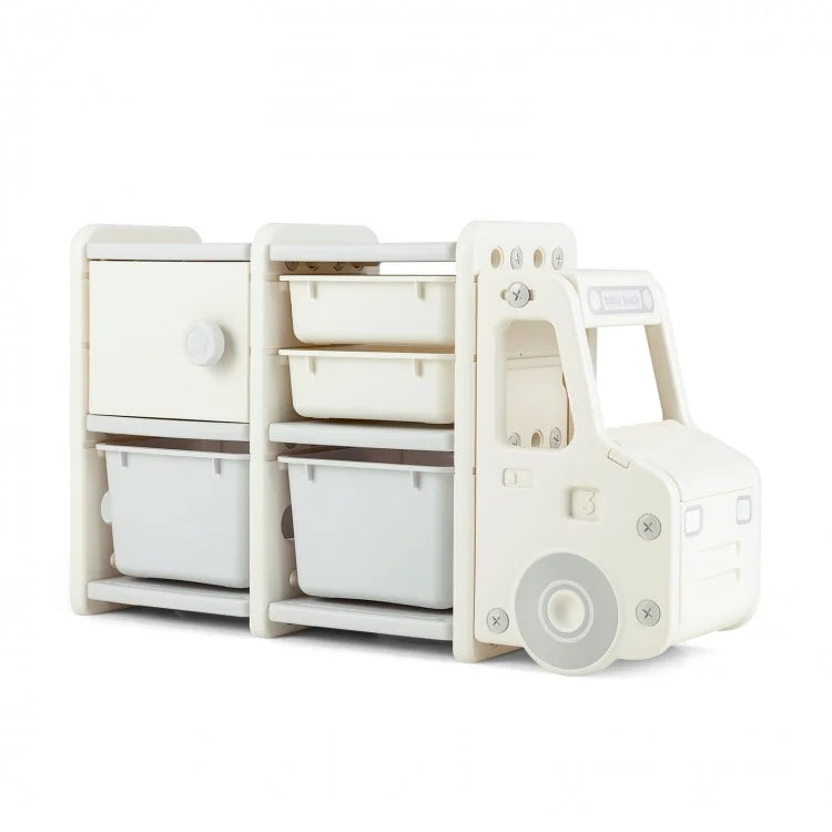 Beige Toddler Truck Toy Storage Organizer with Plastic Bins - Kids Room Organization & Playroom Storage Solution