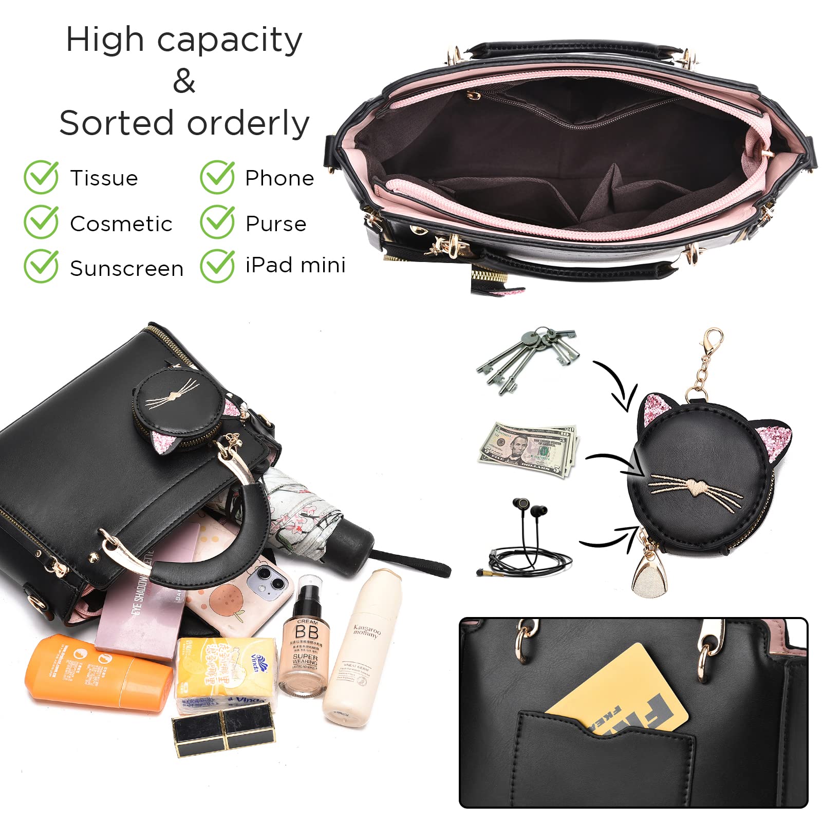 IHAYNER Women's Fashion Top Handle Crossbody Shoulder Bag - Cute Kitty Design Small Purse for Girls & Ladies | Perfect for Daily Use, Work, Shopping & Travel