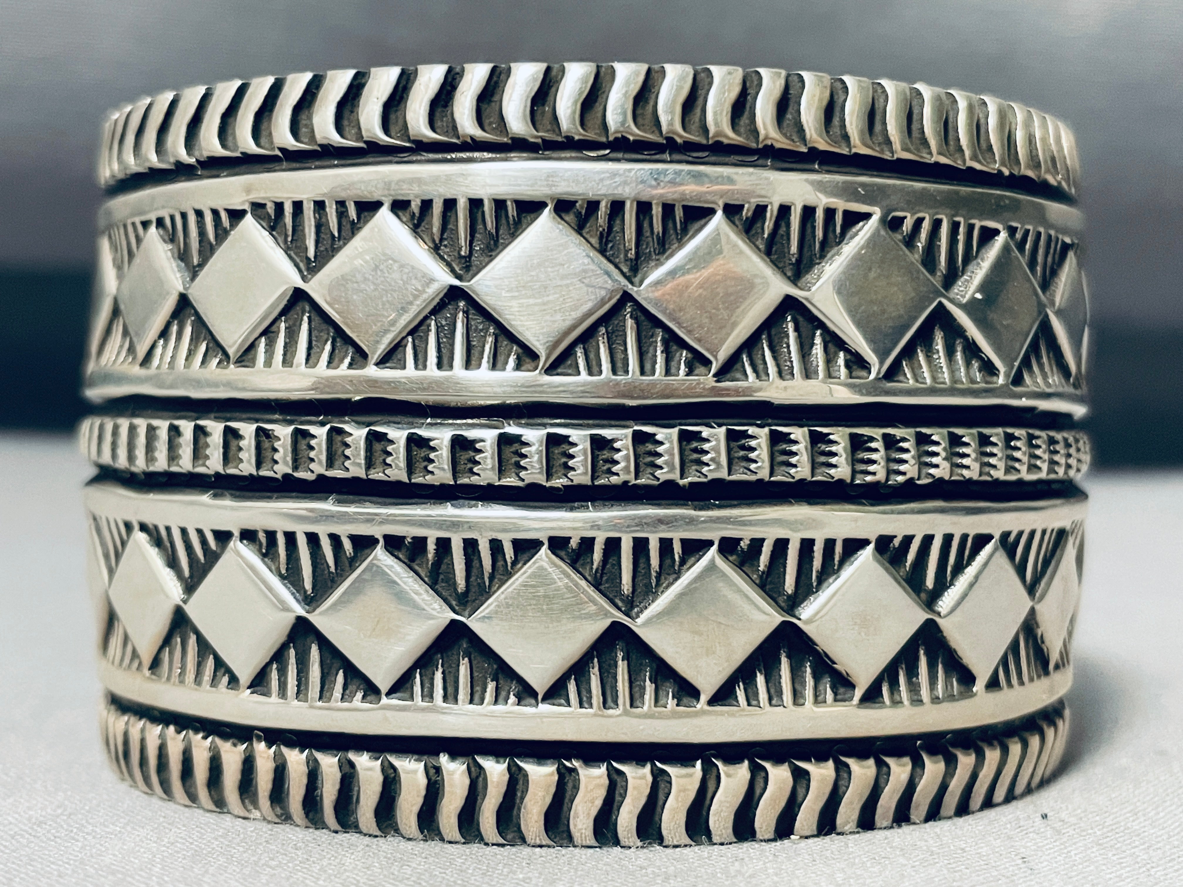 150 Grams Navajo Sterling Silver Diamond Stamped Bracelet - Authentic Native American Jewelry for Women, Perfect for Weddings, Parties & Special Occasions