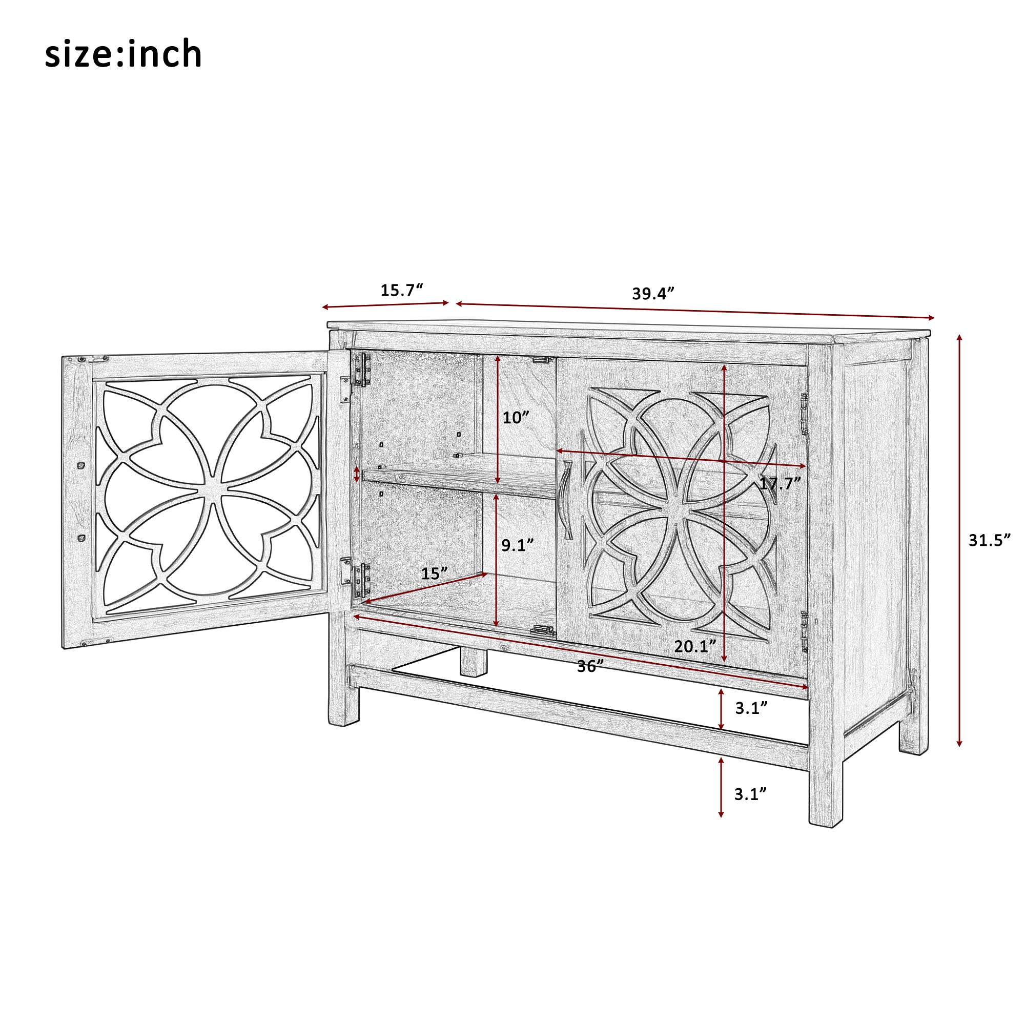 Floral Accent Cabinet with Doors - Kitchen Buffet Server Sideboard Storage Cabinet with Adjustable Shelves, Brown - Perfect for Dining Room, Living Room & Home Decor