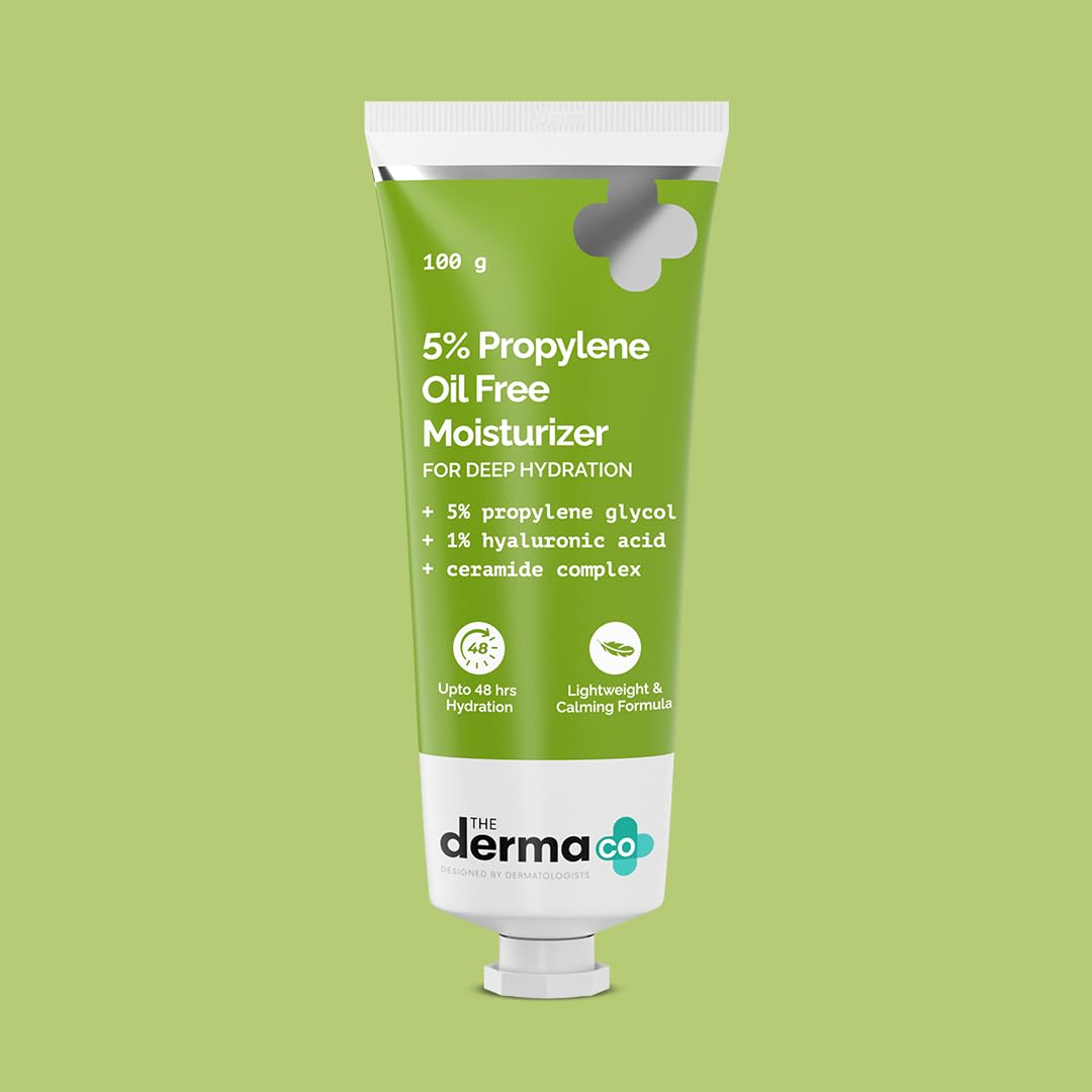 The Derma Co 5% Propylene Oil-Free Face Moisturizer with Hyaluronic Acid - 48 Hour Hydration for Oily Skin - Lightweight Non-Greasy Formula - Perfect for Daily Use & Travel Skincare Routine (100g)