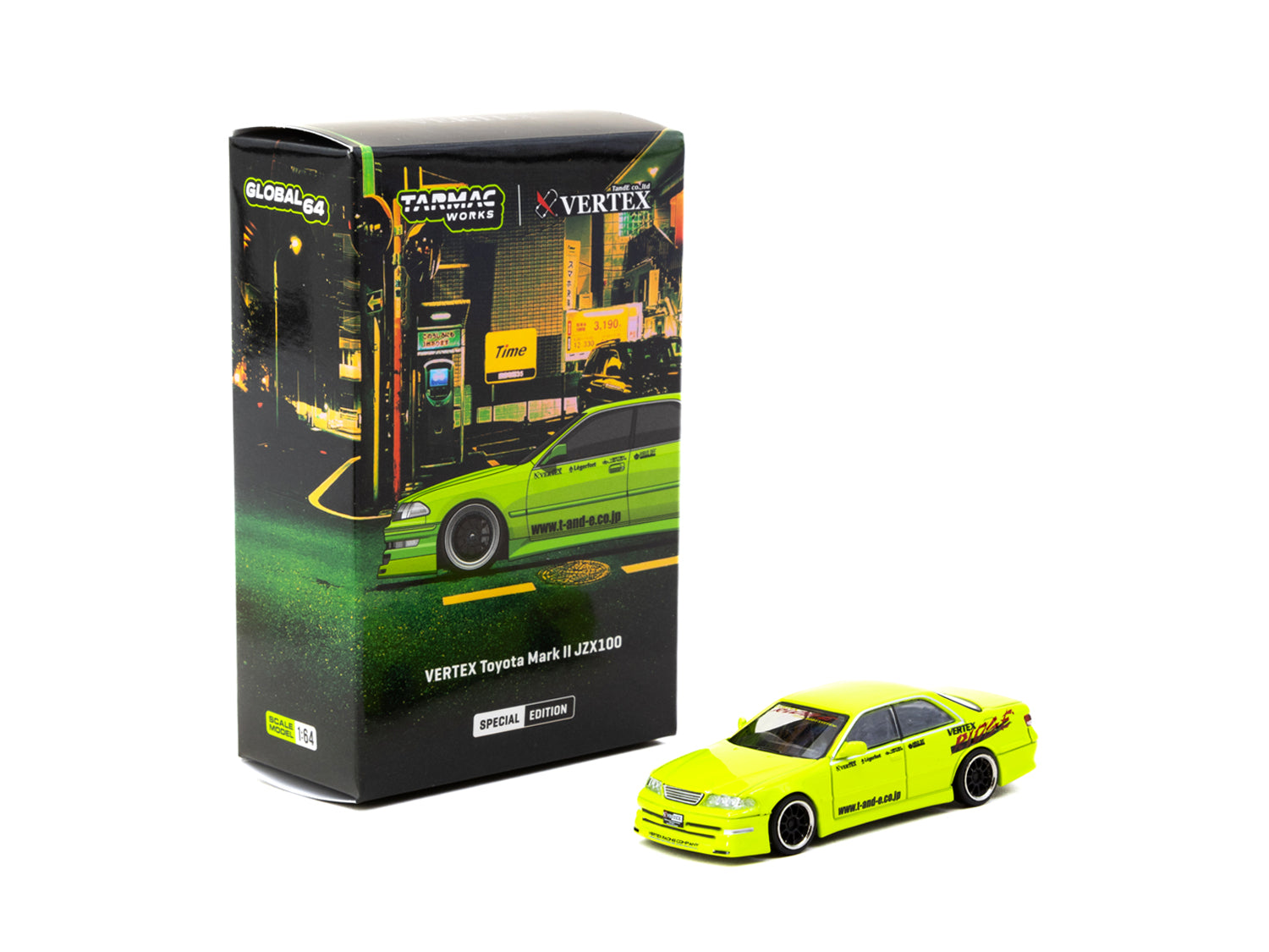 Tarmac Works 1/64 Scale Toyota Mark II JZX100 Diecast Model Car - Light Green Tokyo Auto Salon 2025 Special Edition - Perfect for Collectors & Car Enthusiasts - Display on Desk or Showcase