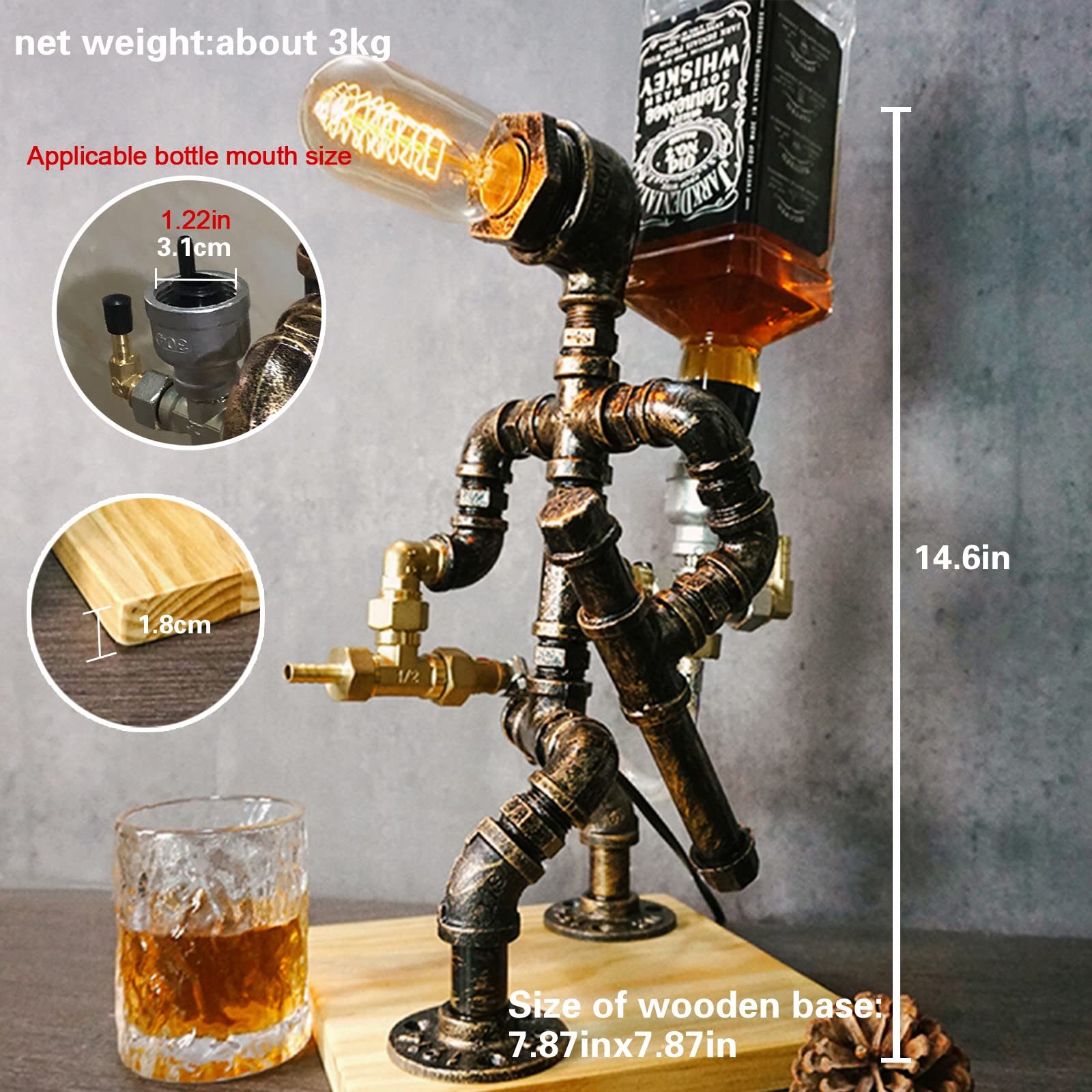 Steampunk Whiskey Liquor Dispenser with Wooden Base - Industrial Table Lamp & Fireman Pipe Robot Decor for Home Bar, Restaurant, Cafe - Unique Man Cave & Rustic Style Gift for Men - Perfect for Art Parties, Themed Events & Vintage Decor