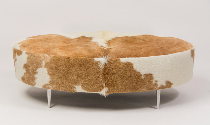 Premium Cowhide Ottoman with Metal Legs - Oval Beige & White Leather Footstool (47
