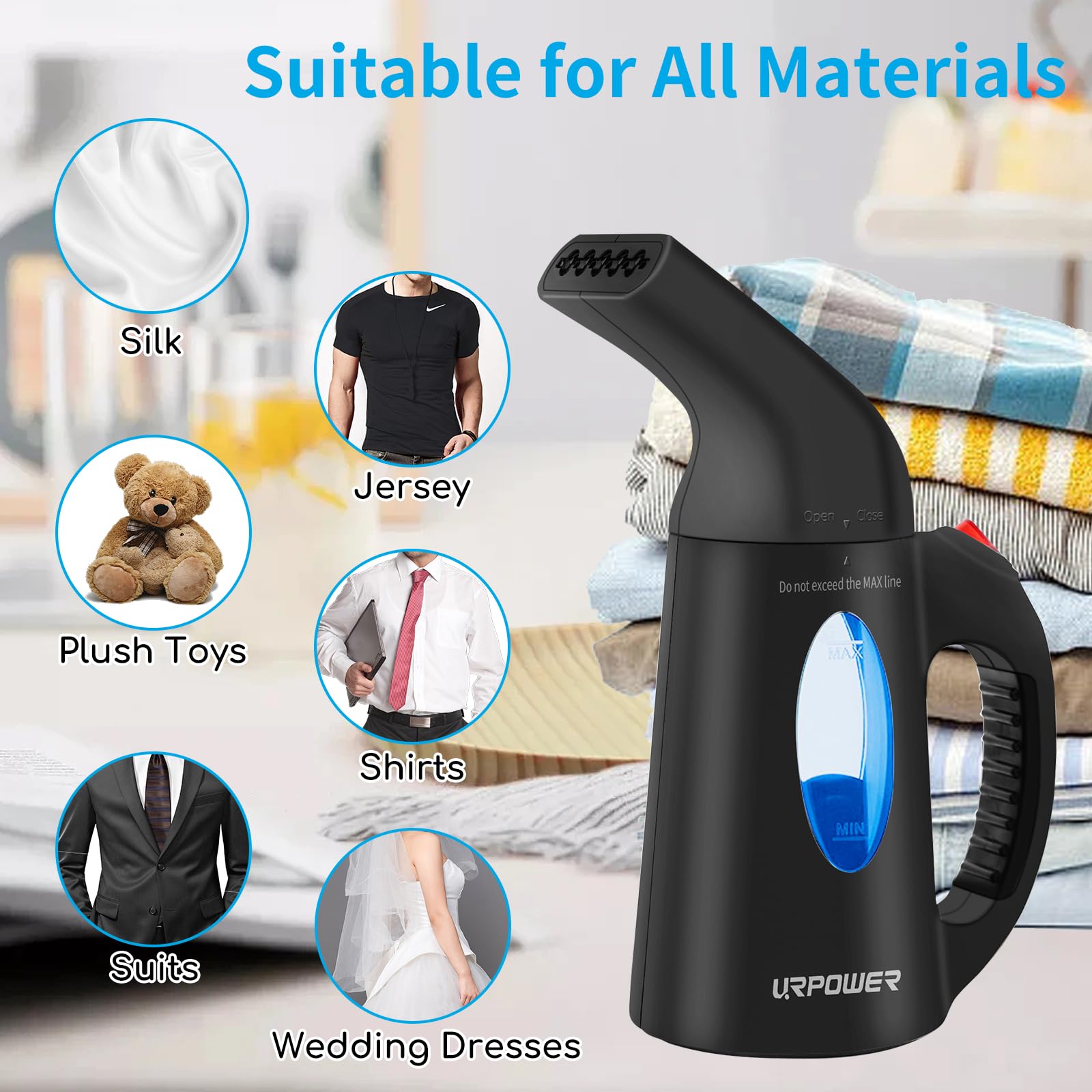 URPOWER Handheld Clothes Steamer - Portable Garment Wrinkle Remover with Fast Heat-up, Large Water Tank for Home, Office & Travel (110V) | Perfect for Suits, Dresses, Curtains & Travel Packing