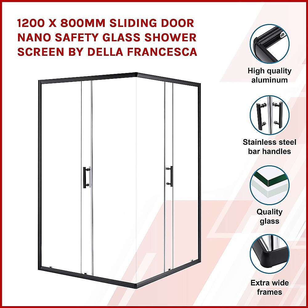 1200 x 800mm Sliding Door Nano Safety Glass Shower Screen by Della Francesca - Tempered Glass Bathroom Enclosure for Modern Homes, Spa-Like Shower Experience