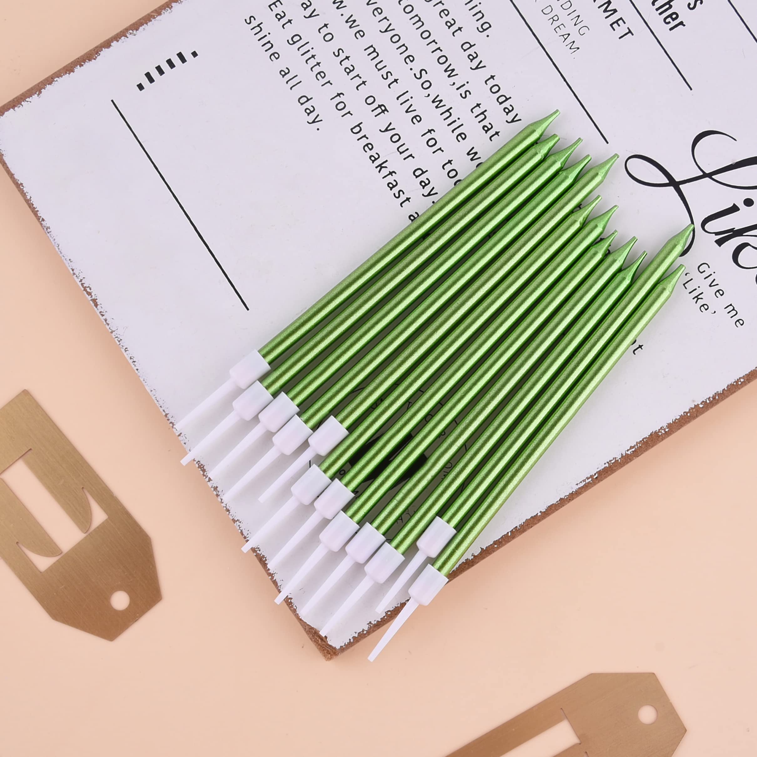 PHD CAKE Green Long Thin Metallic Birthday Candles - 12 Pack Elegant Cake Candles for Birthday Parties, Wedding Decorations & Special Events - Perfect for Cakes, Cupcakes and Dessert Tables