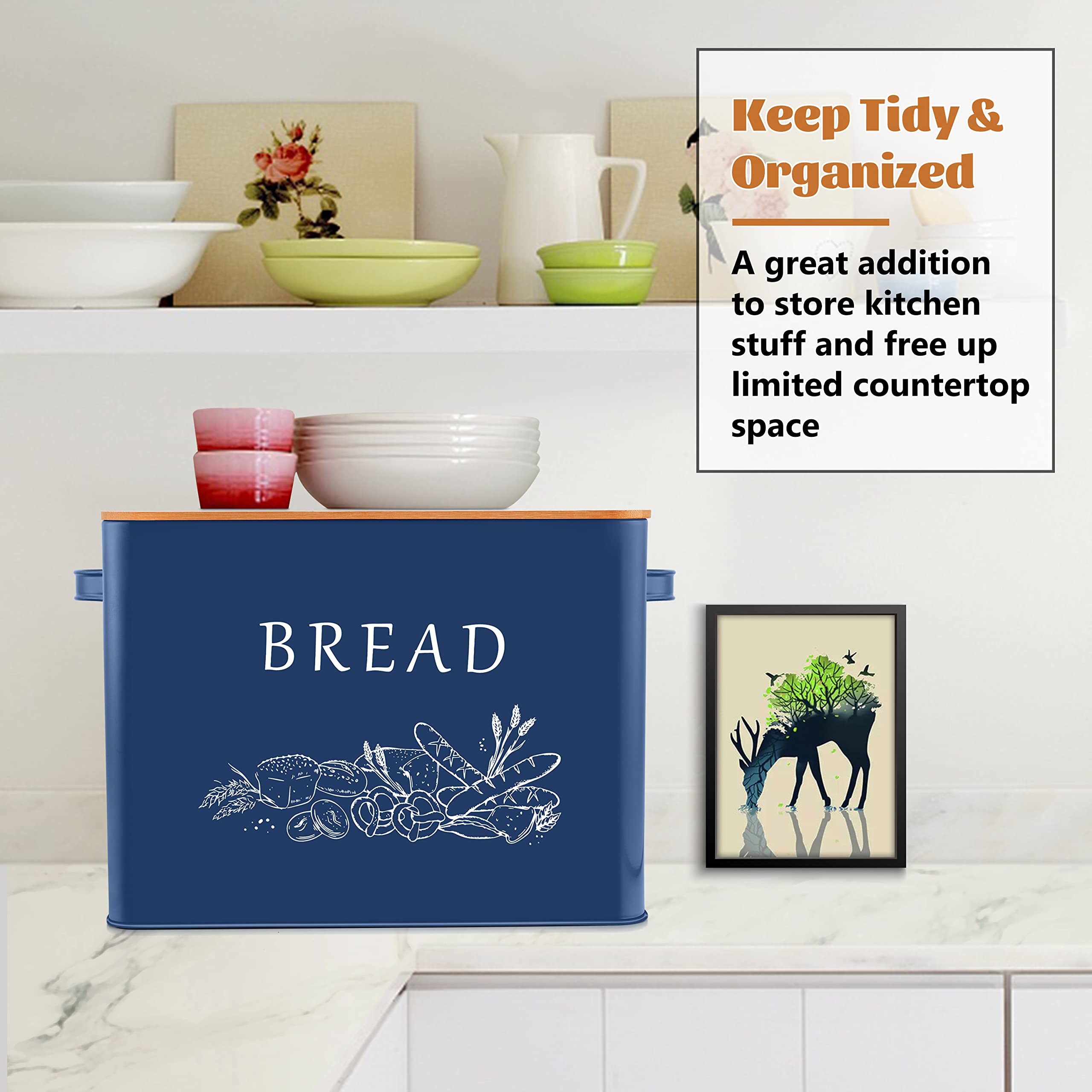 Farmhouse Style Extra Large Metal Bread Box with Bamboo Lid - 13” x 7.2” x 9.8” Navy Blue Bread Storage Container for Kitchen Countertop | Perfect for Bread, Baguettes & Pastries - Rustic Kitchen Organization & Decoration