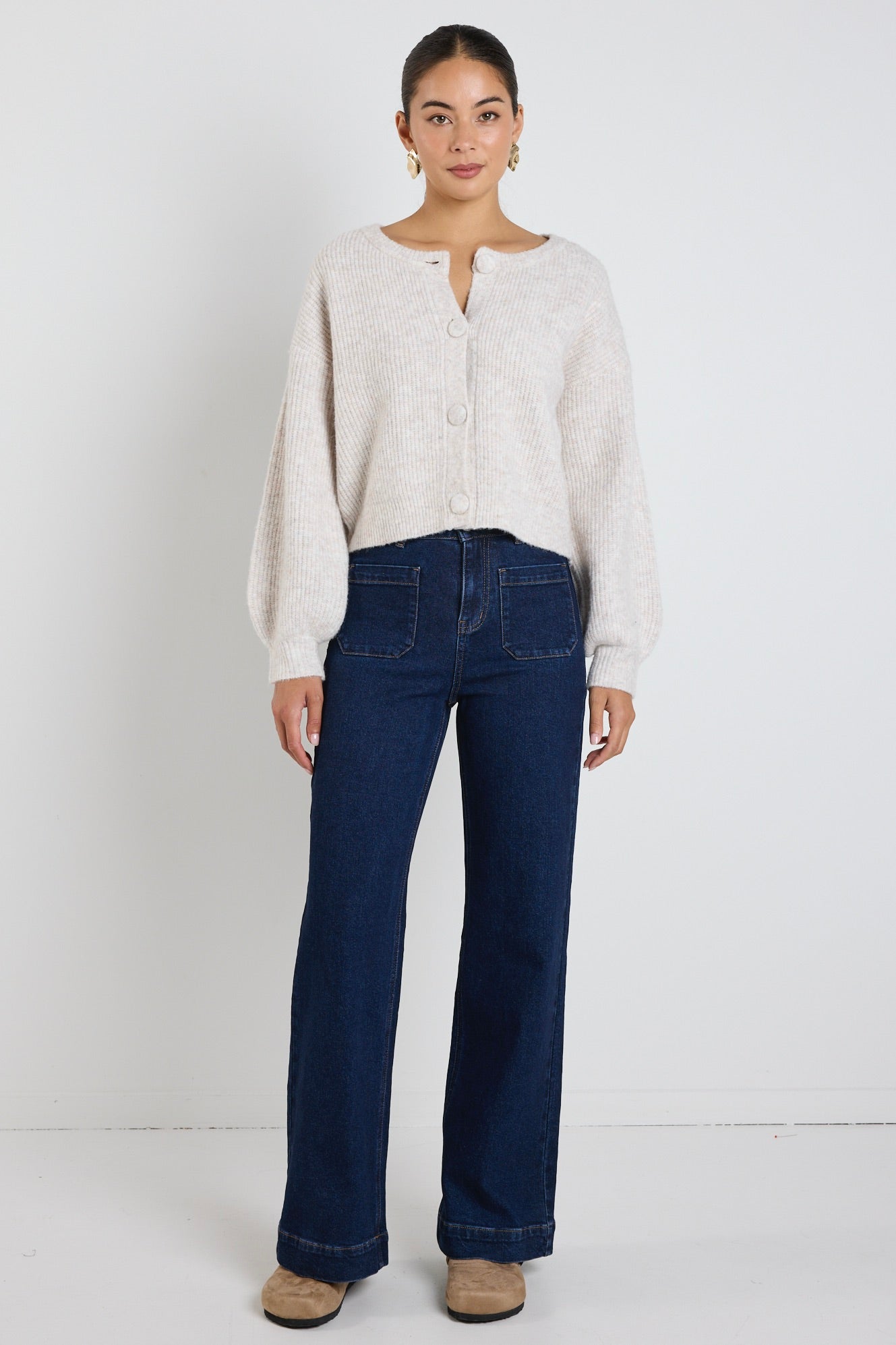 Authentic Oat Marle Chunky Knit Crewneck Cardigan Sweater - Cozy Winter Wear for Women | Perfect for Casual Outfits, Office & Date Nights