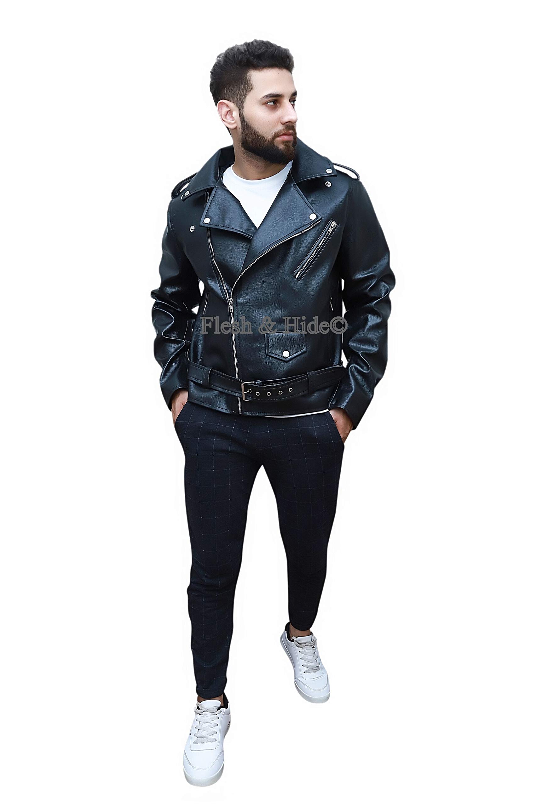 F&H Men's Born Free Double Rider Biker Motorcycle Jacket - Genuine Leather, Black, Size M - Perfect for Riding, Casual Wear & Outdoor Adventures