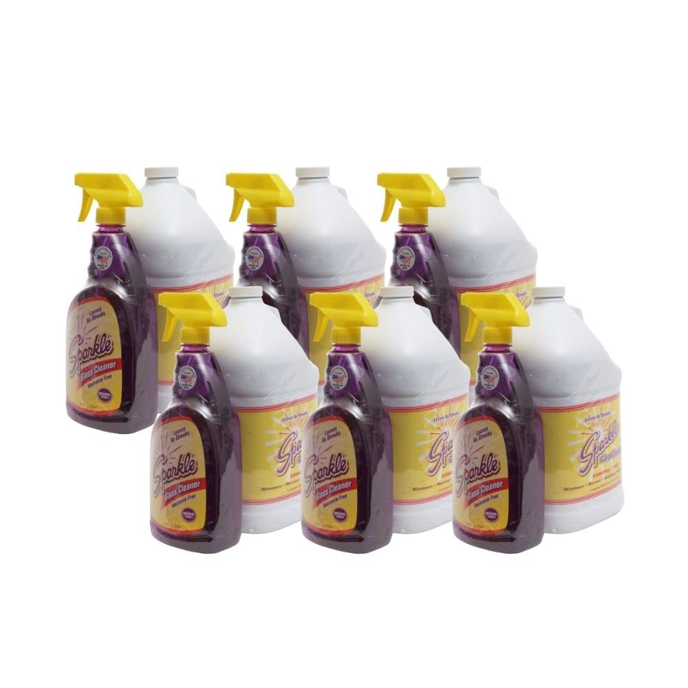 Streak-Free Sparkle Glass Cleaner Spray & Refill Kit - Ammonia-Free Formula, 33.8oz Spray Bottle + 1 Gallon Refill (6-Pack) - Perfect for Windows, Mirrors, Glass Tables & Household Cleaning