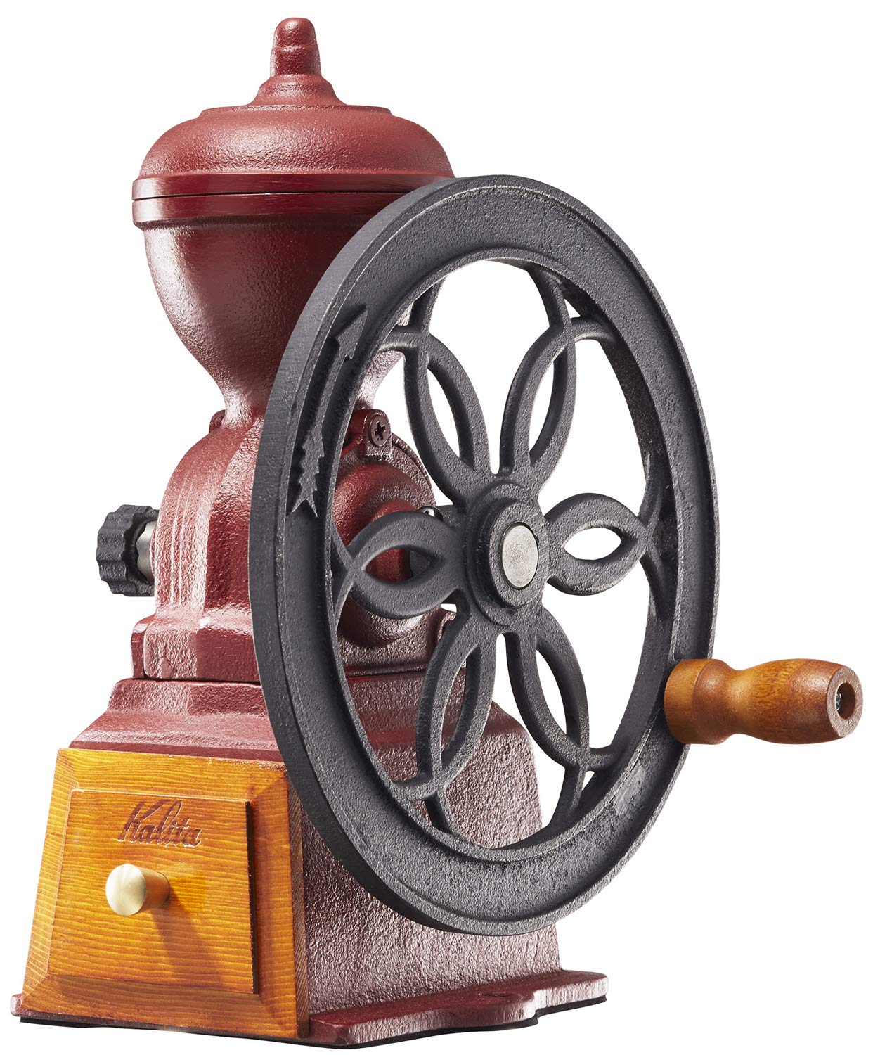 Premium Kalita Cast Iron Manual Coffee Grinder - Adjustable Antique Diamond Mill with Lid for Espresso & French Press - Perfect for Home Baristas & Coffee Shops (Red, Model #42137)