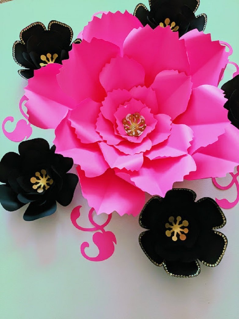 Black and Fuchsia Paper Flower Backdrop - 6 Pre-Assembled Paper Flowers with 5 Leaves for Wedding, Party & Home Decor