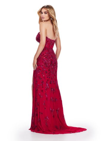 ASHLEYlauren 11614 Fully Beaded Strapless Evening Gown with High Leg Slit & Corset Bustier - Perfect for Prom, Red Carpet & Formal Events