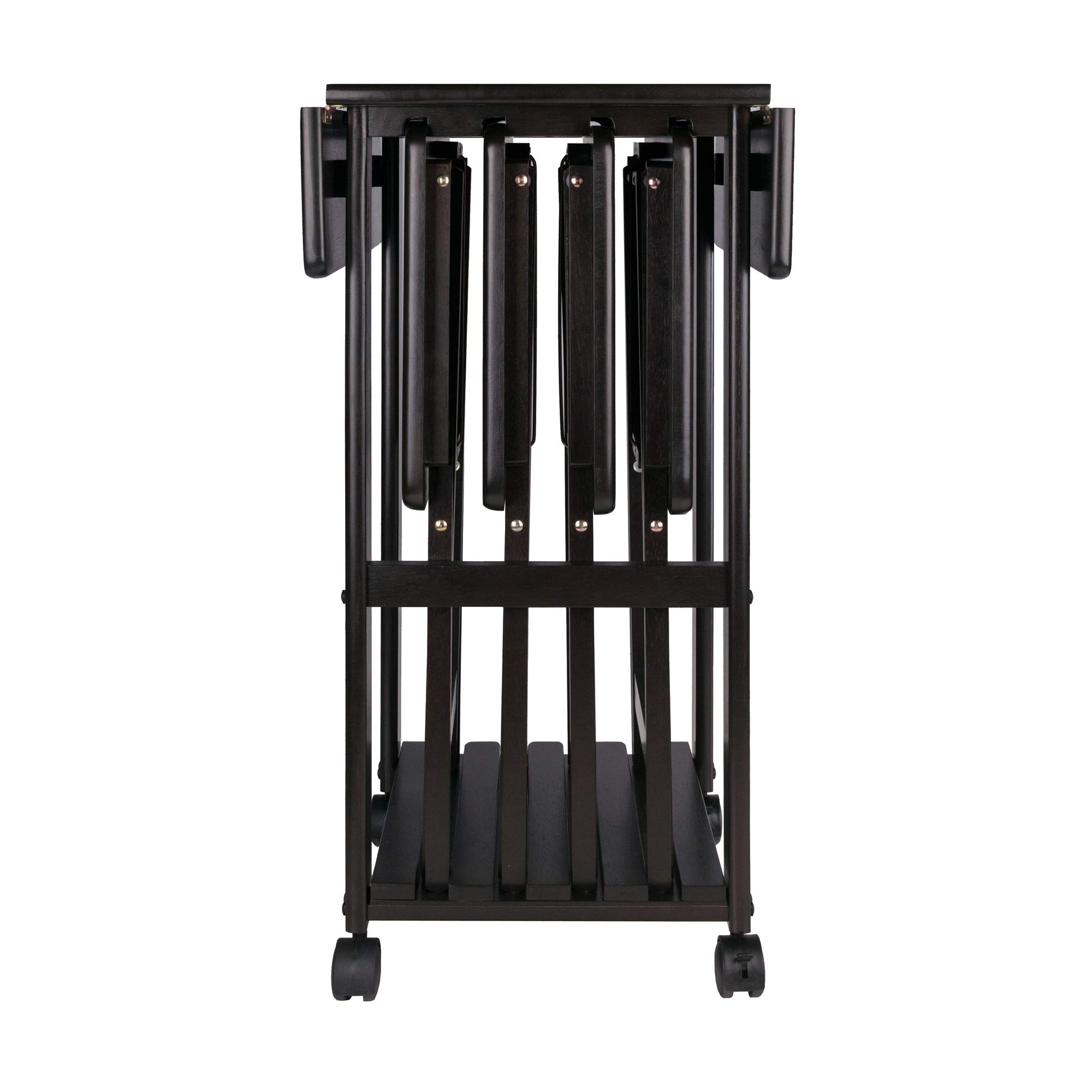Ergode 5-Piece Wood Folding Snack Table Set with Rolling Storage Stand & Removable Serving Tray - Fully Assembled Black Coffee Table for Living Room, Patio, and Outdoor Use