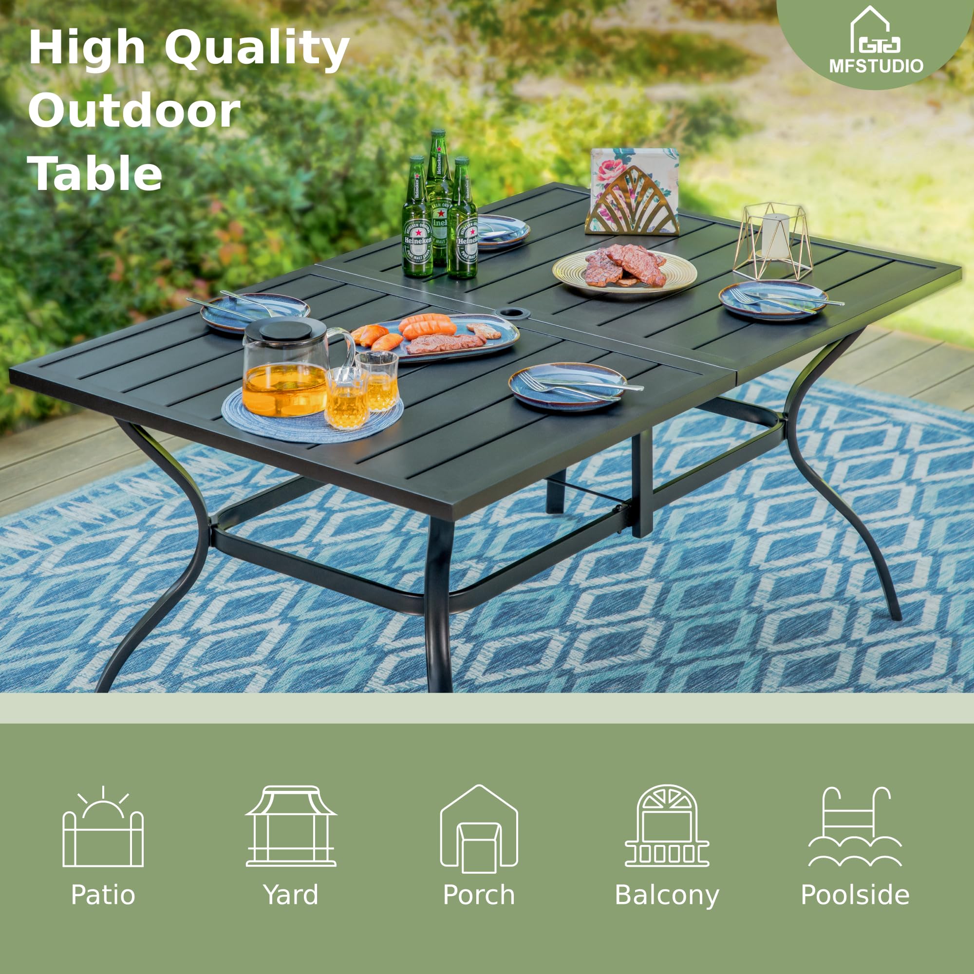 MFSTUDIO 7-Piece Outdoor Patio Dining Set - Black Metal Rectangular Table & Rattan Wicker High Back Chairs for 6 - Durable Weather-Resistant Garden Furniture for Backyard, Poolside, and Terrace Dining
