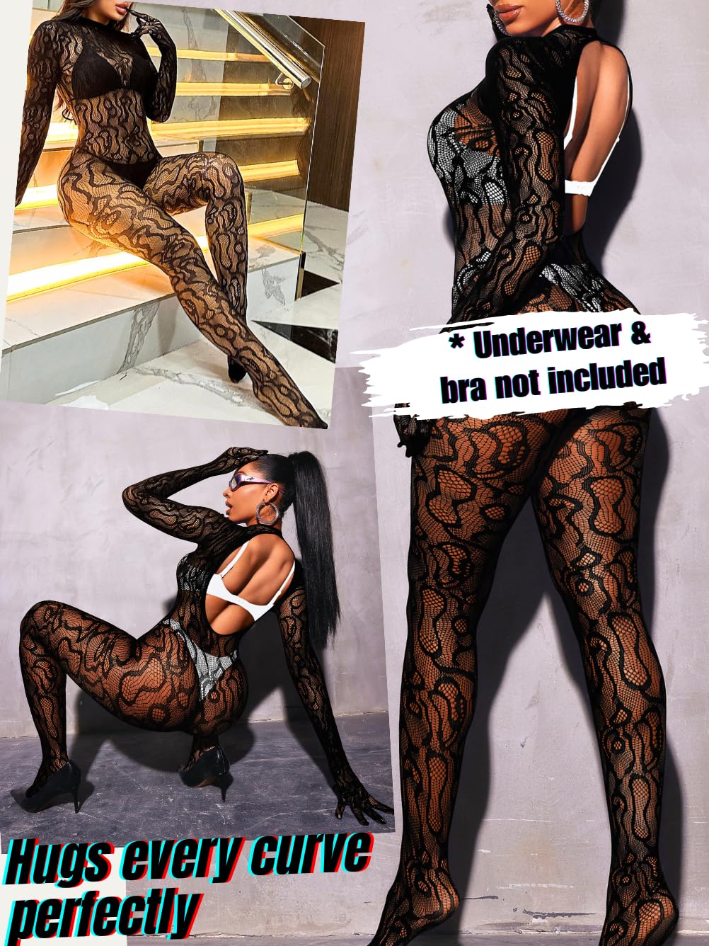 Sexy Women's Fishnet Full Bodysuit - Mesh Lace Jumpsuit for Glow Party, Rave Outfits & Halloween Costume | Body Stockings for Nightclub, Cosplay & Festivals