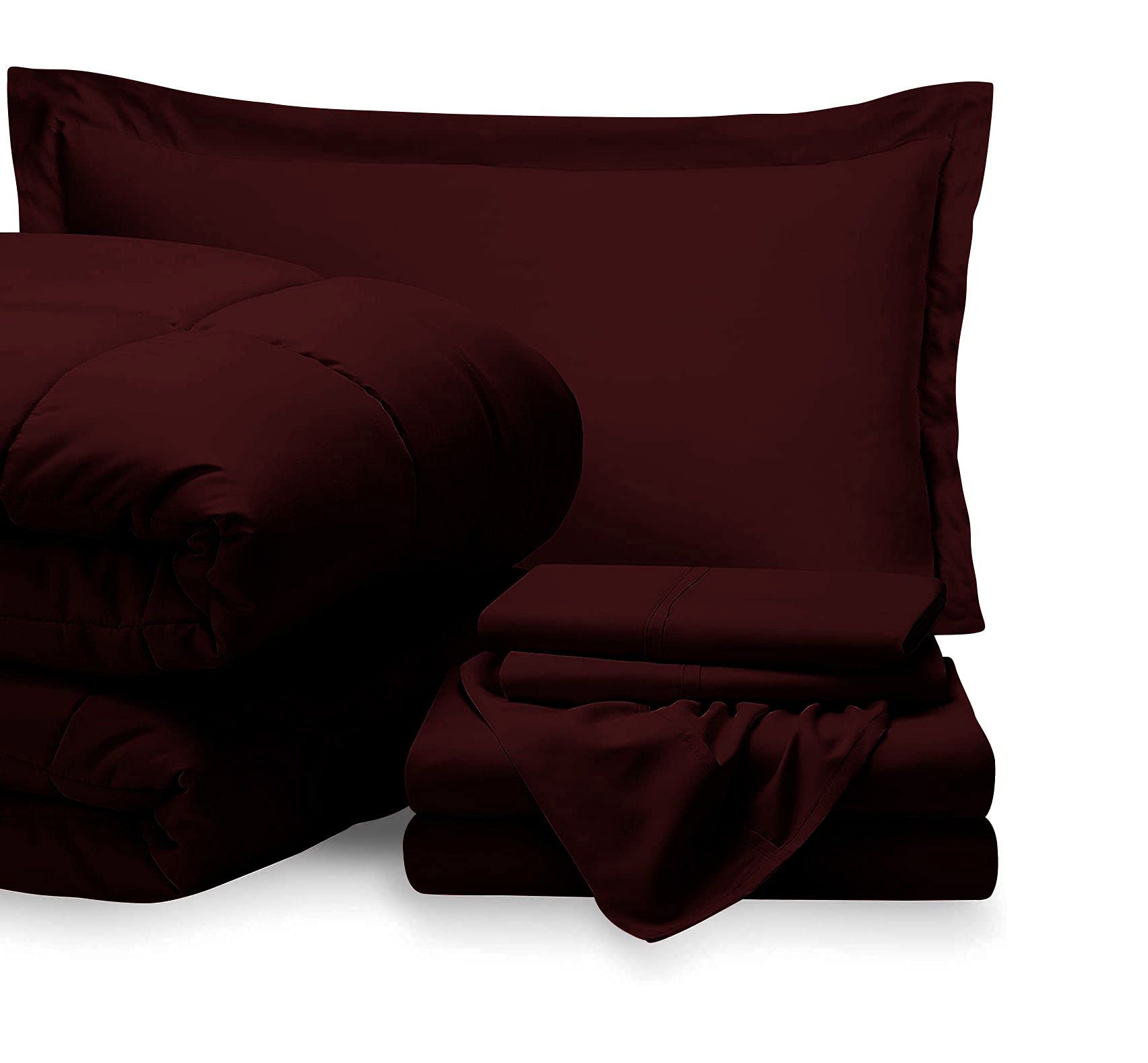Luxury 7-Piece Bed-in-a-Bag Comforter Set - 100% Egyptian Cotton Twin XL Size (Wine Red) - Includes Comforter, Flat Sheet, Fitted Sheet with 15