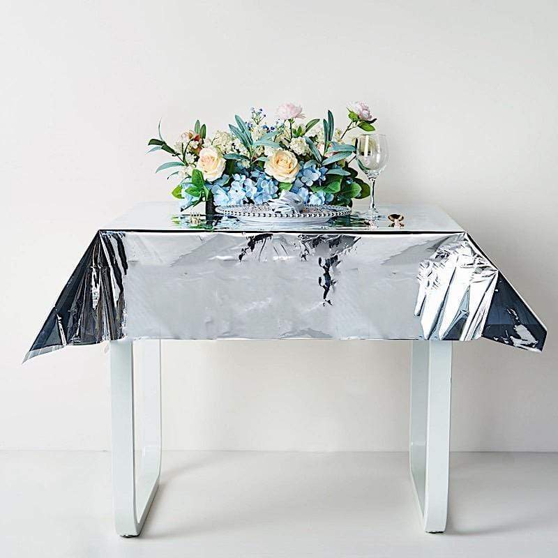 50 x 50 Inch Silver Metallic Disposable Plastic Tablecloths - Perfect for Parties, Weddings, and Events - Waterproof & Wrinkle-Free