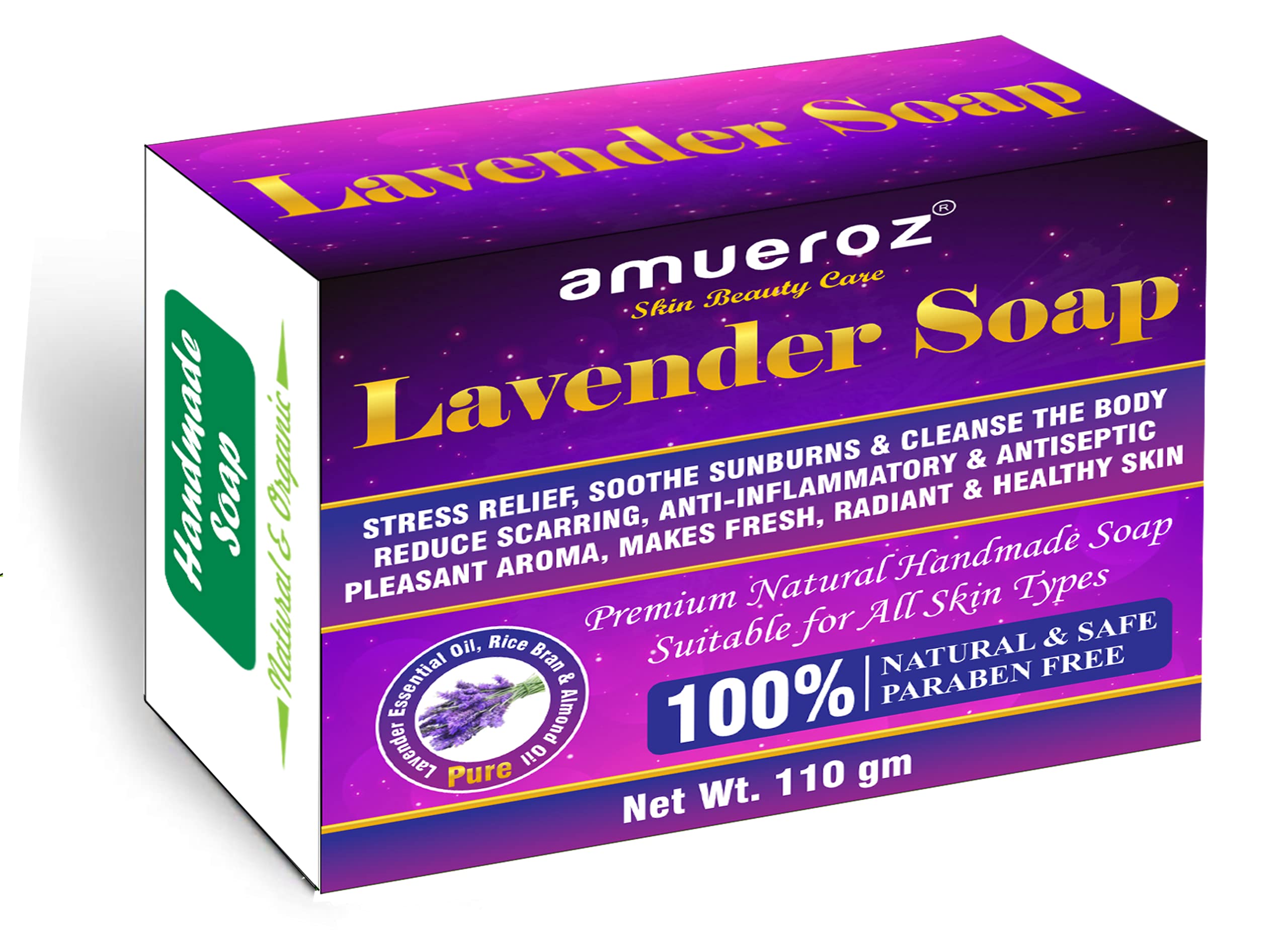 Amueroz Lavender Soap - 100% Natural Handmade Bath Bar for Sensitive Skin | Organic Moisturizing Cleanser with Anti-Scarring, Anti-Inflammatory & Antibacterial Properties | Gentle Face & Body Wash for Dry, Oily & Acne-Prone Skin | Perfect for Daily Skincare Routine & Relaxing Bath Time - 3.9oz (110g)
