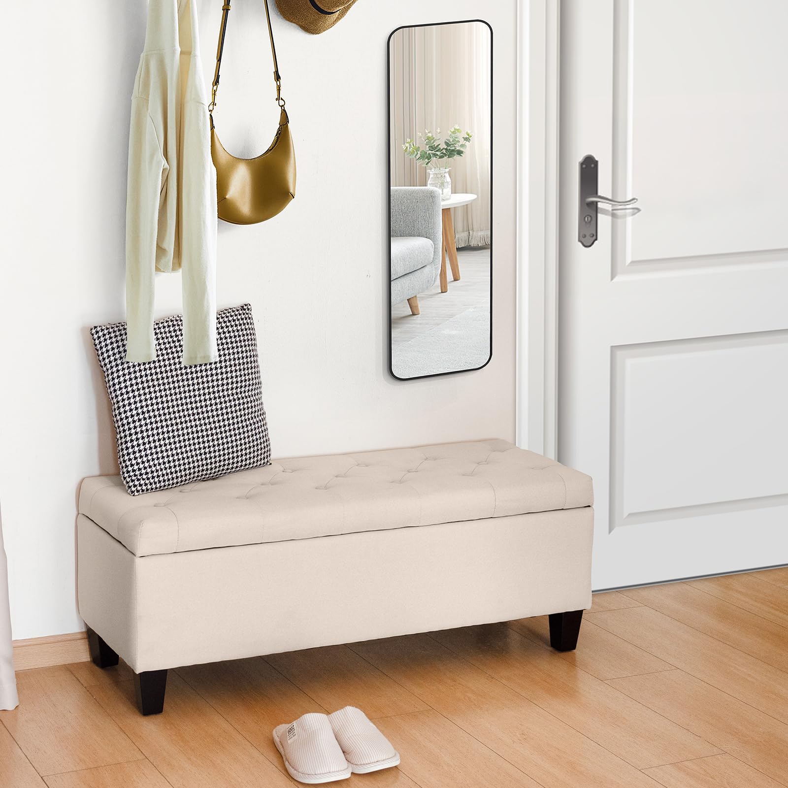 Redlife Storage Ottoman Bench with Solid Wood Legs & Safety Hinge - 330 LBS Capacity, Button Tufted Fabric Upholstered Chest - Multi-Functional Footrest, Seat & Hidden Storage for Bedroom, Living Room, Entryway (Beige) | Perfect for Small Space Organization & Extra Seating