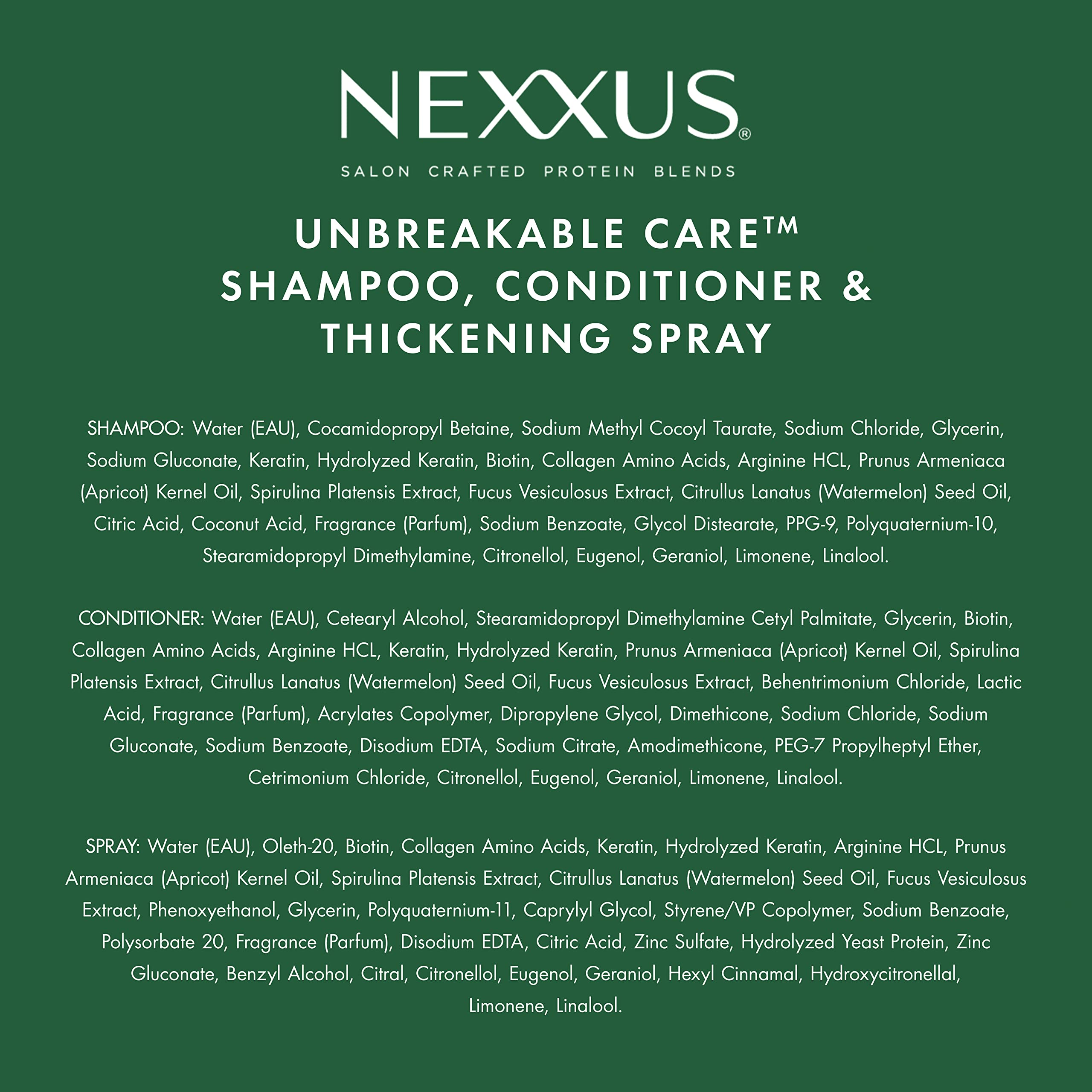 Nexxus Unbreakable Care Shampoo, Conditioner & Leave-In Spray 3-Pack for Fine Thin Hair - Keratin Collagen Biotin Treatment (13.5oz + 6oz) - Volumizing Hair Care Set for Daily Use & Damaged Hair Repair