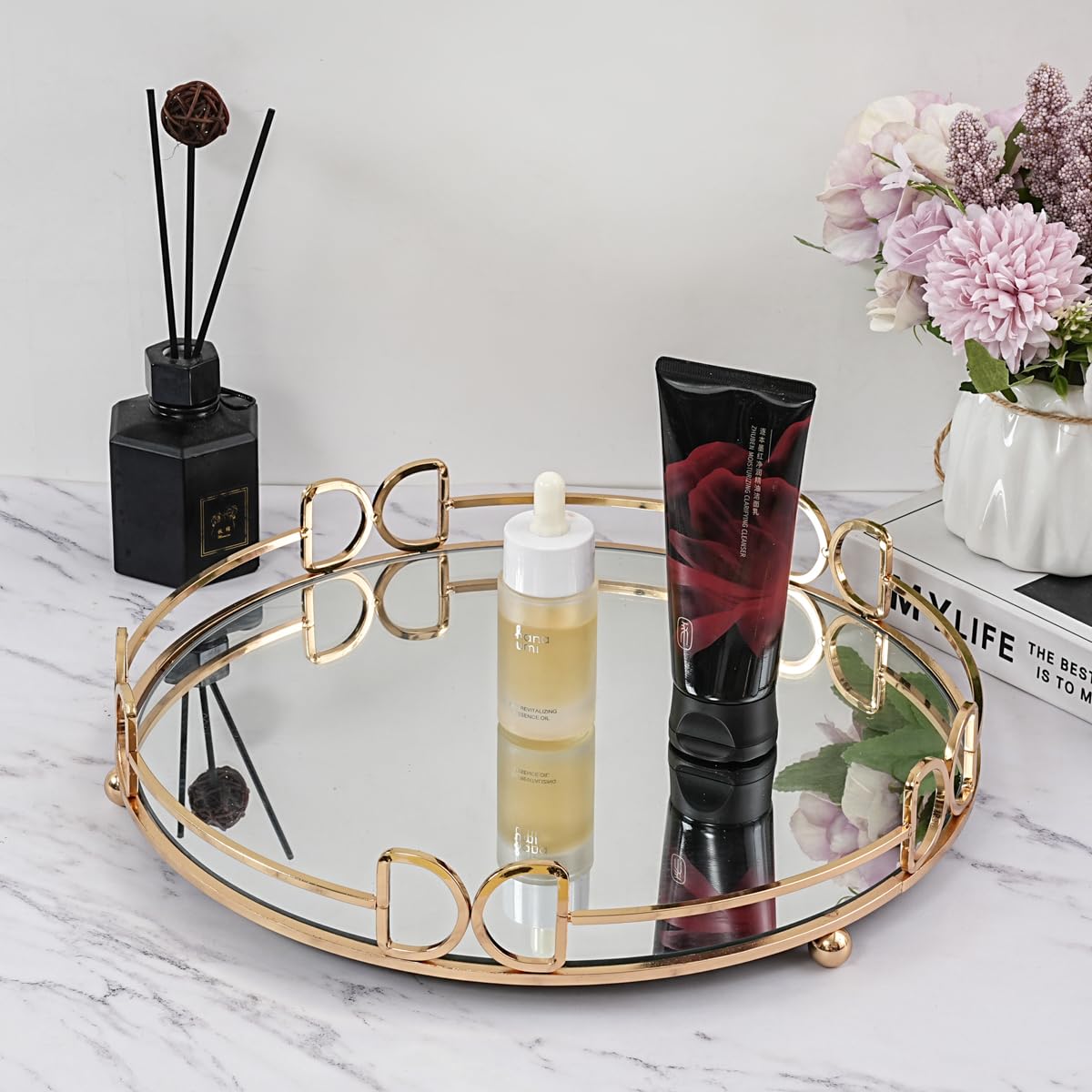 Round Metal Mirror Vanity Tray - Gold Cosmetic & Perfume Organizer for Dresser, Bathroom, Bedroom Countertop - Perfect for Makeup Storage, Jewelry Display & Bath Essentials (13×13 Inches)