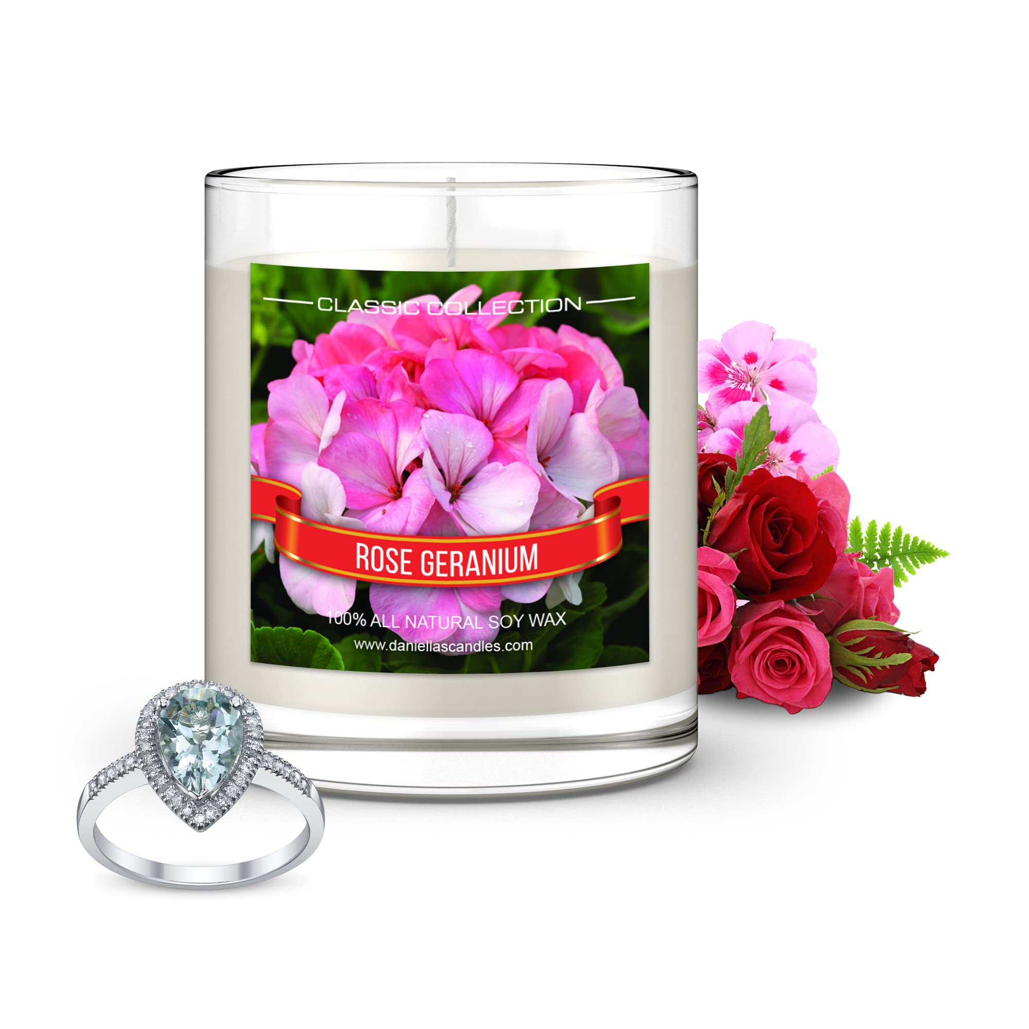 Rose Geranium Scented Candle with Hidden Necklace - Natural Soy Wax Aromatherapy Candle for Home, Spa, Romantic Gifts & Special Occasions