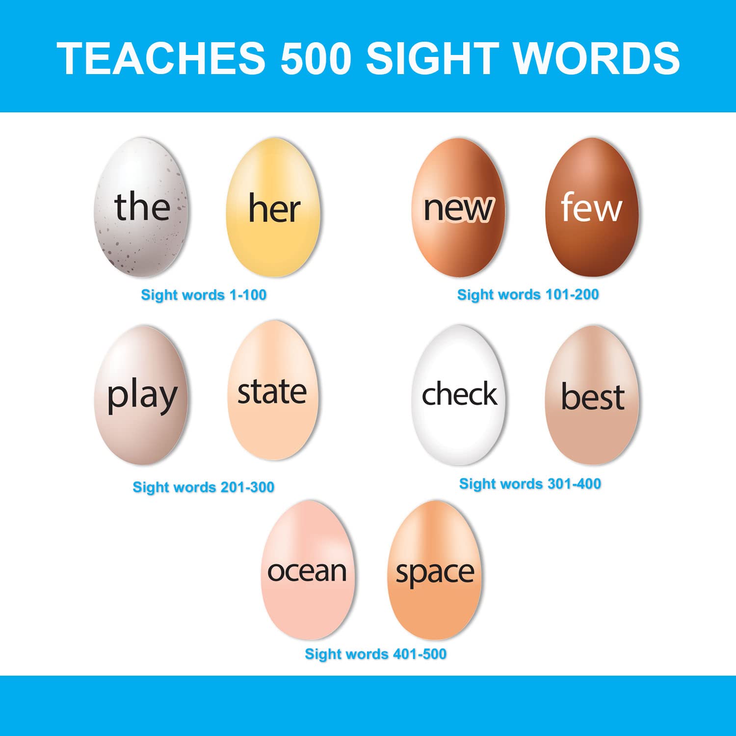 500 Sight Word Flash Cards - Natural Egg-Shaped Kindergarten & Preschool Learning Games - Fry Word Reading Flashcards in Carton for Early Childhood Education - Perfect for Homeschooling, Classroom Activities & Montessori Learning