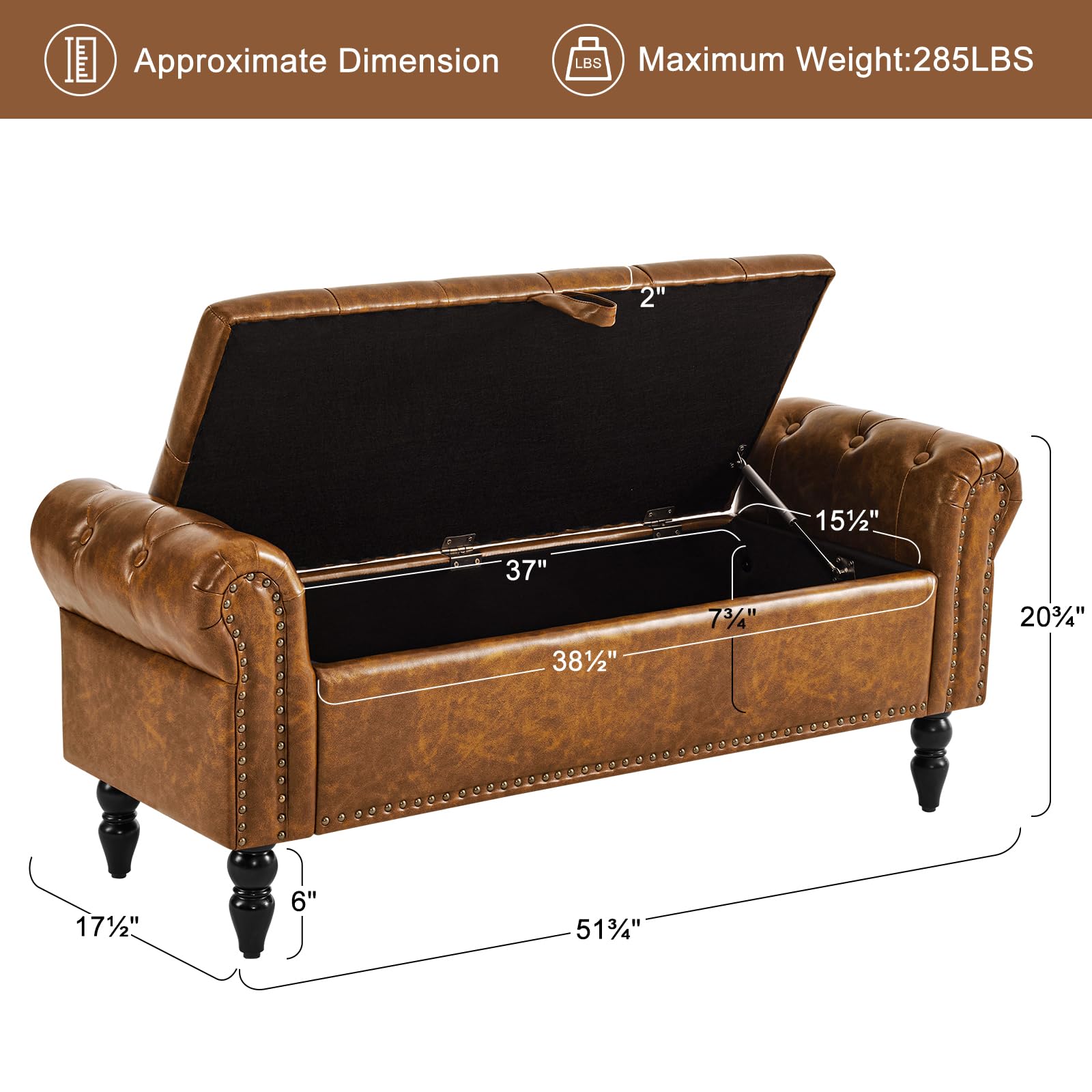 Furniliving Leather Storage Ottoman Bench - Solid Wood Legs, Upholstered Footrest & Seat with Hidden Storage | Living Room, Bedroom, Entryway Furniture | Perfect for Small Spaces & Home Organization (Yellow-Brown)