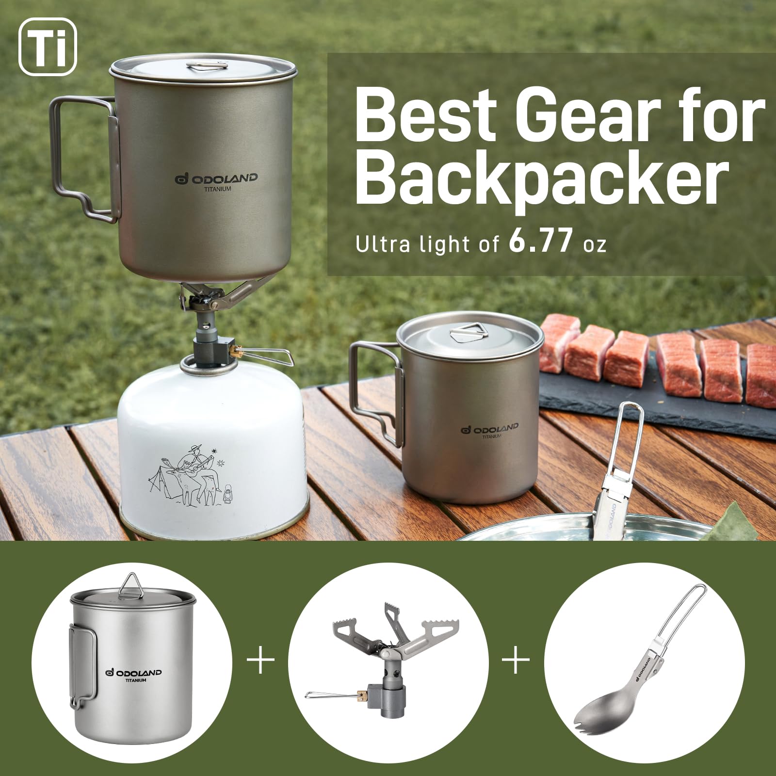 Odoland 750ML Titanium Camping Cookware Set - Lightweight Titanium Pot with Portable Camping Stove & Spork - Perfect for Backpacking, Hiking, Travel, Picnics & Outdoor Adventures