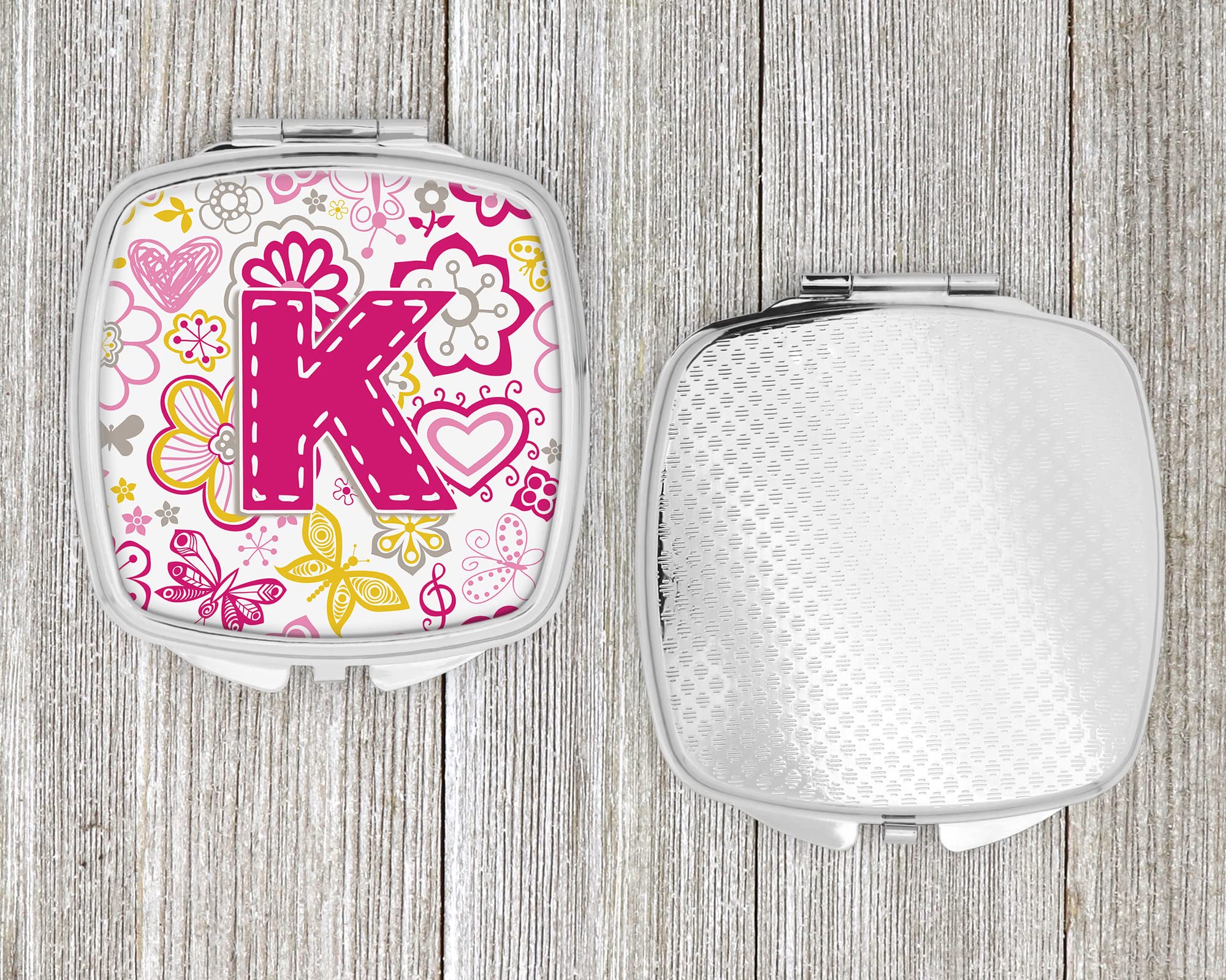 Caroline's Treasures CJ2005-KSCM Floral Letter K Compact Mirror - Pink Butterfly Design, Folding Travel Makeup Mirror for Women & Girls, Perfect Gift Idea for Birthdays, Handheld Pocket Mirror for Home, Office & Travel Beauty Essentials
