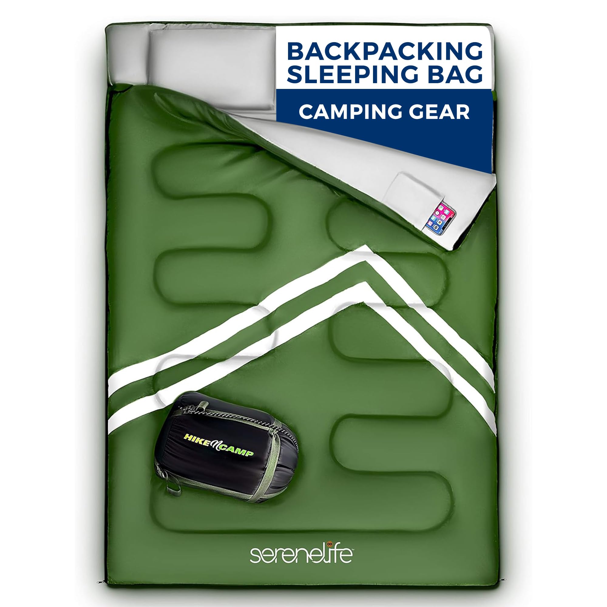 SereneLife Double Sleeping Bag with Pillows - Waterproof, Detachable into 2 Single Bags - Lightweight & Warm for 5-10°F - Ideal for Camping, Hiking, Backpacking & Cold Weather Adventures - Perfect for Couples, Family Outdoors & Winter Travel