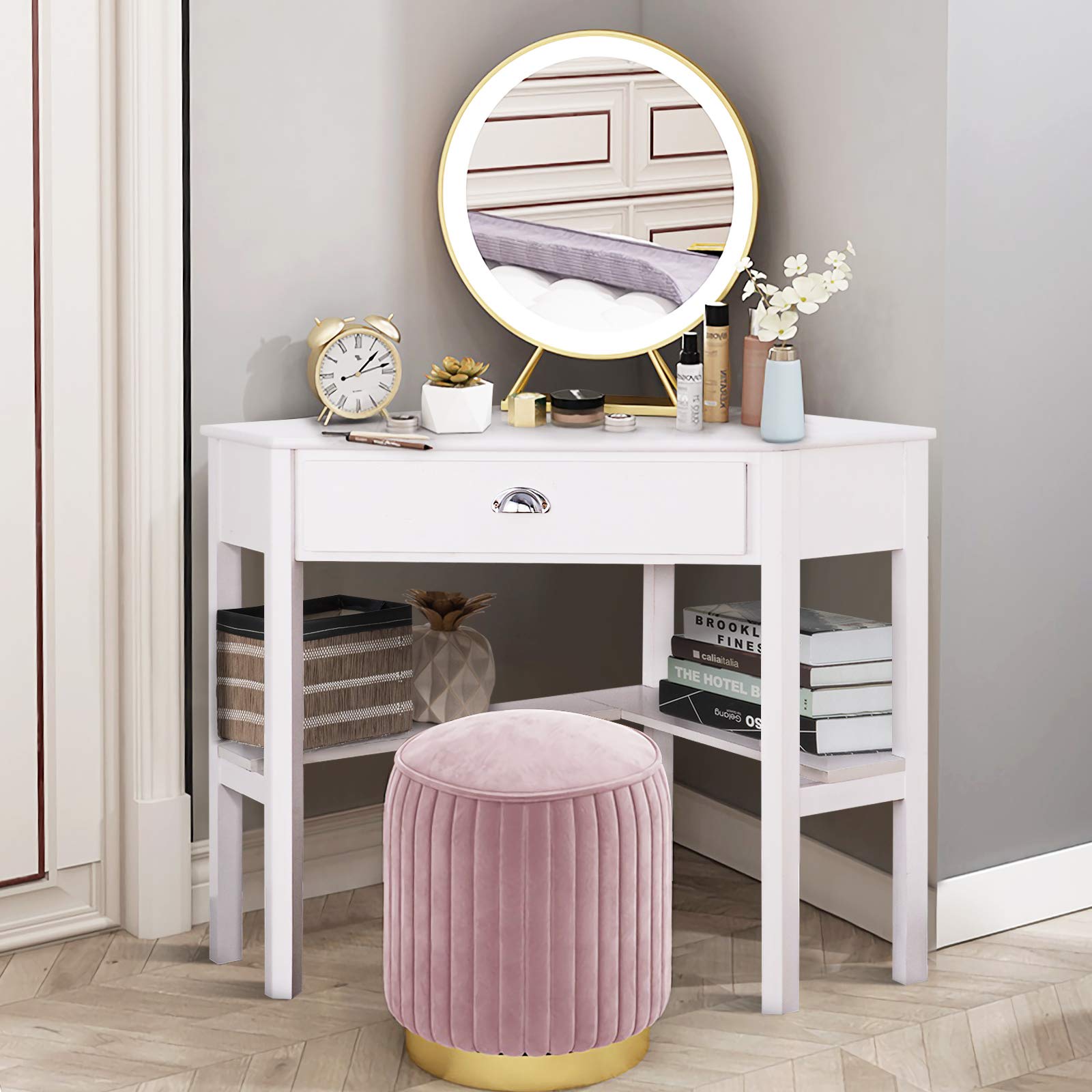 KOTEK White Corner Desk with Drawer & Shelves - Wooden Home Office Computer Desk, Study Writing Table, Makeup Vanity Workstation | Perfect for Small Spaces, Bedroom, Dorm & Office Organization