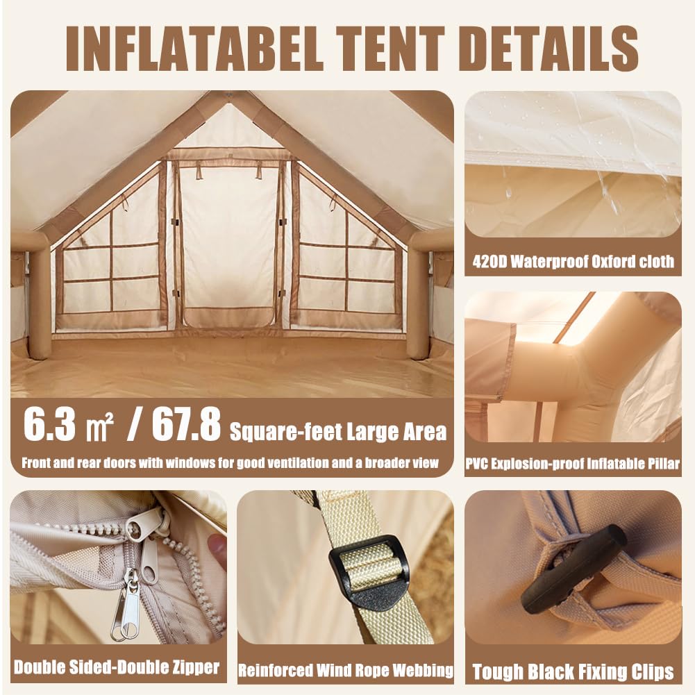 Inflatable Camping Tent for 2-6 Person - 4 Season Waterproof Windproof Cabin Tent with Hand Pump, Mesh Windows & Doors - Easy Setup Portable Blow Up Tent for Outdoor Adventures, Family Trips & Backpacking