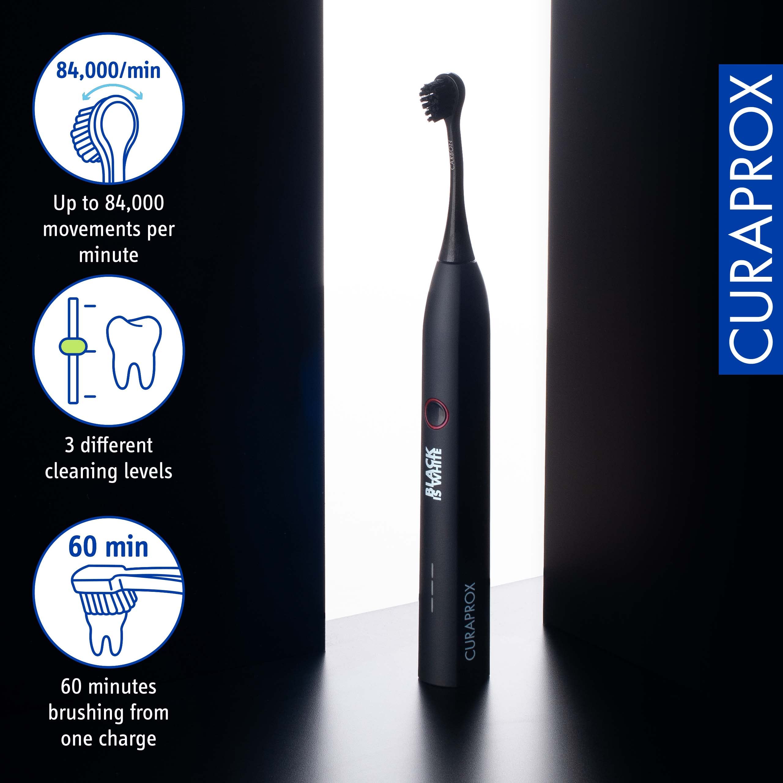 Curaprox Black is White Hydrosonic Electric Toothbrush with 2 Brush Heads, USB Charger & Travel Case - Professional Teeth Cleaning for Home & Travel Use
