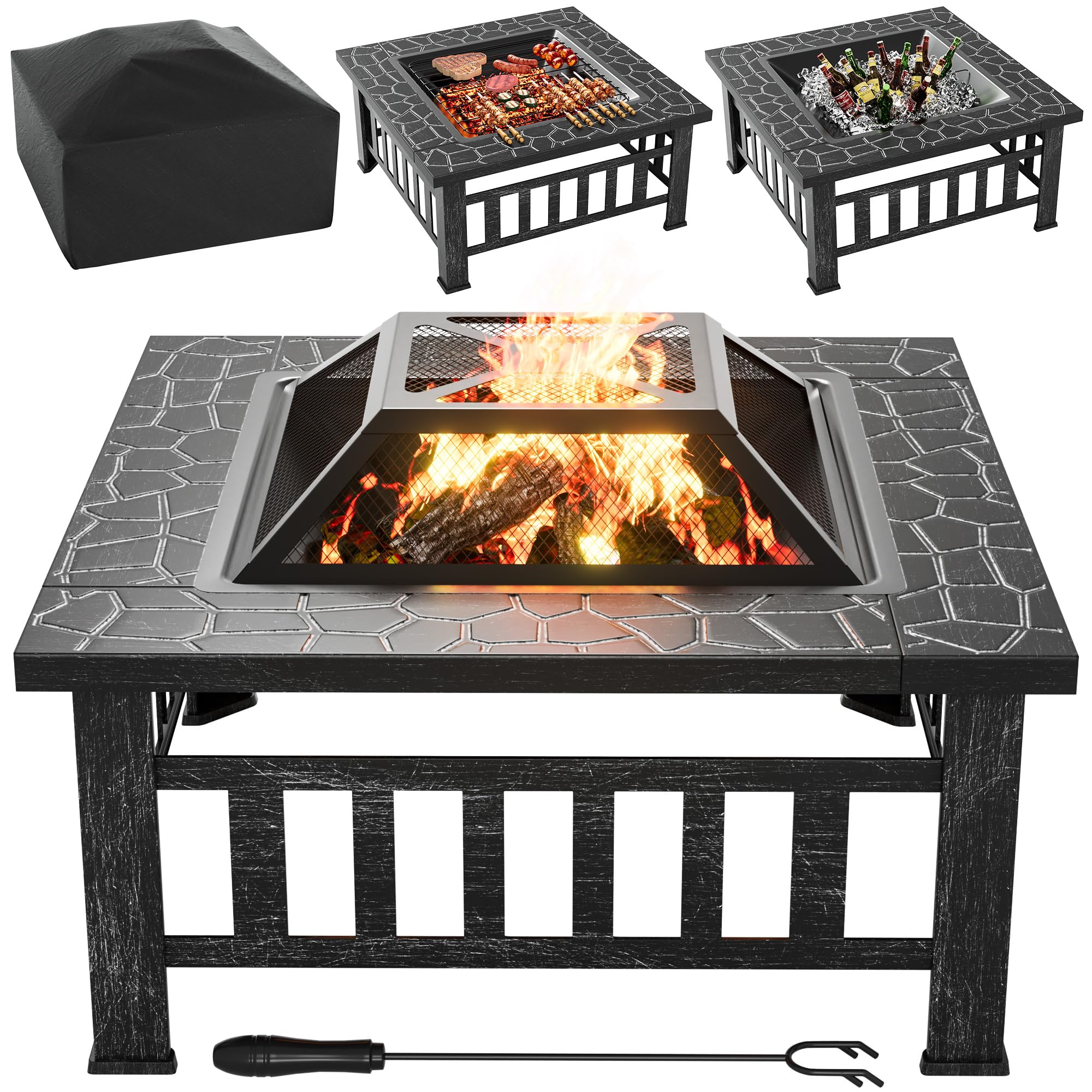 **32 Inch Flamaker Outdoor Fire Pit Table - Square Metal Wood Burning Firepit with Cover & Poker for Backyard, Patio, Camping & Bonfire (Silver) - Perfect for Gatherings, S'mores & Cozy Evenings**